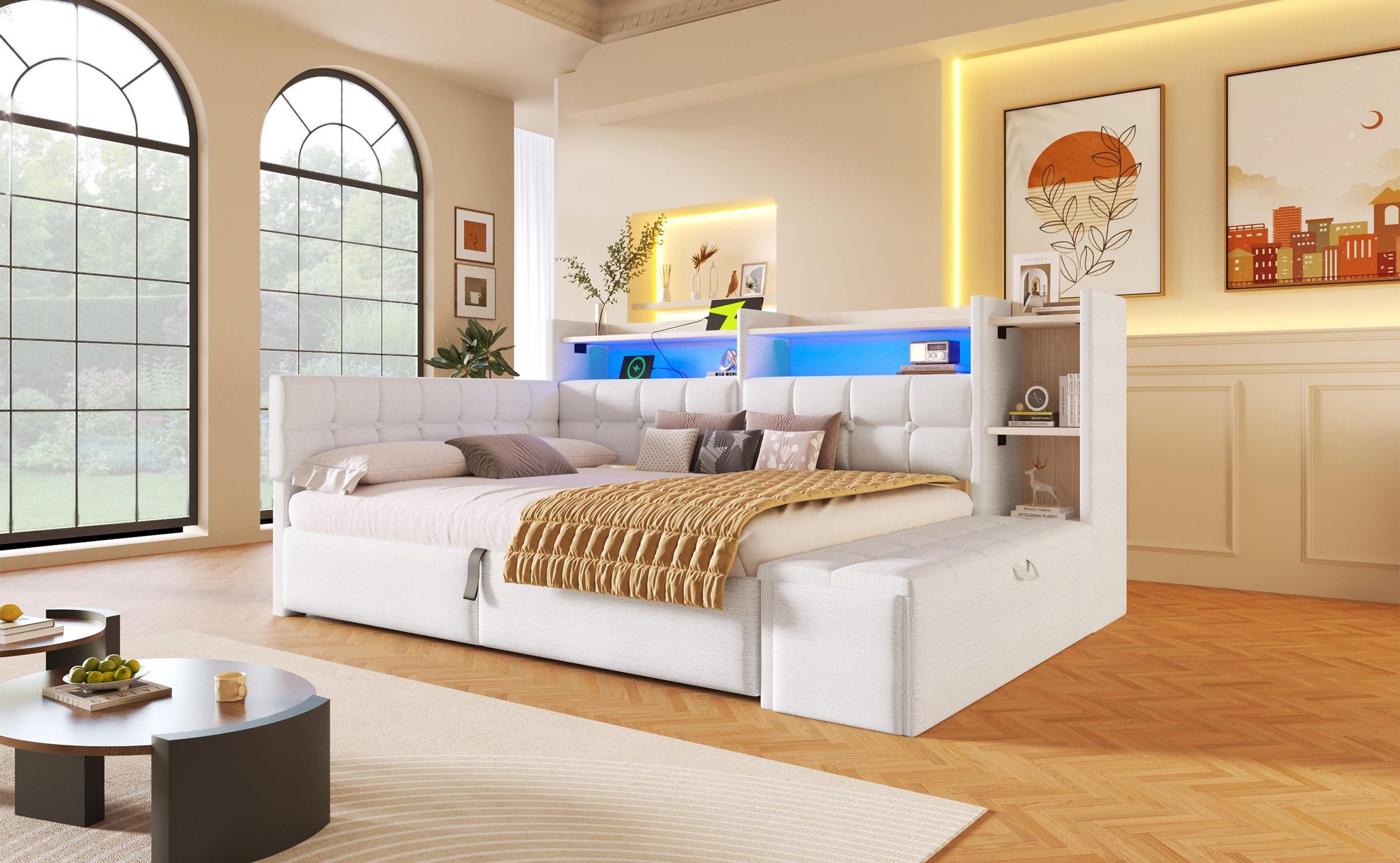 Merax Tagesbett Daybett 140x200cm, Schlafsofa mit 2 Schubladen, USB & Typ-C, Regal mit LED, Stauraumbank, Polsterbett, Kinderbett, Samt, Weiß