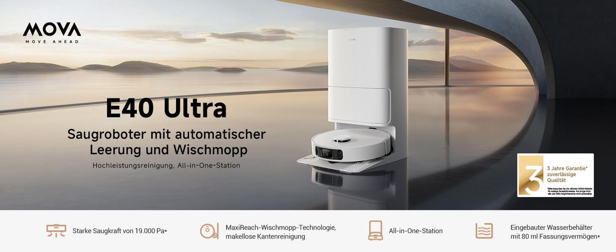MOVA E40 Ultra – Saug- & Wischroboter, 19.000 Pa, automatische Leerung, MaxiReach-Wischmopp, Seitenbürste, All-in-One-Station, bis 75 Tage Reinigung