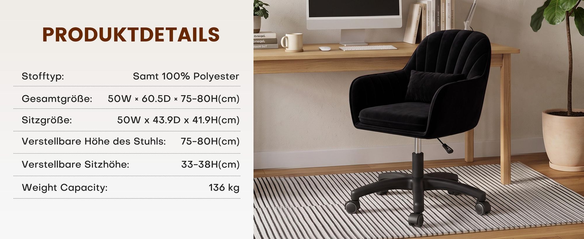 Hawthyhome Homeoffice Stuhl aus Samt mit Kopfkissen Drehbarer Höhenverstellbarer Bürostuhl ergonomisch Schwarz