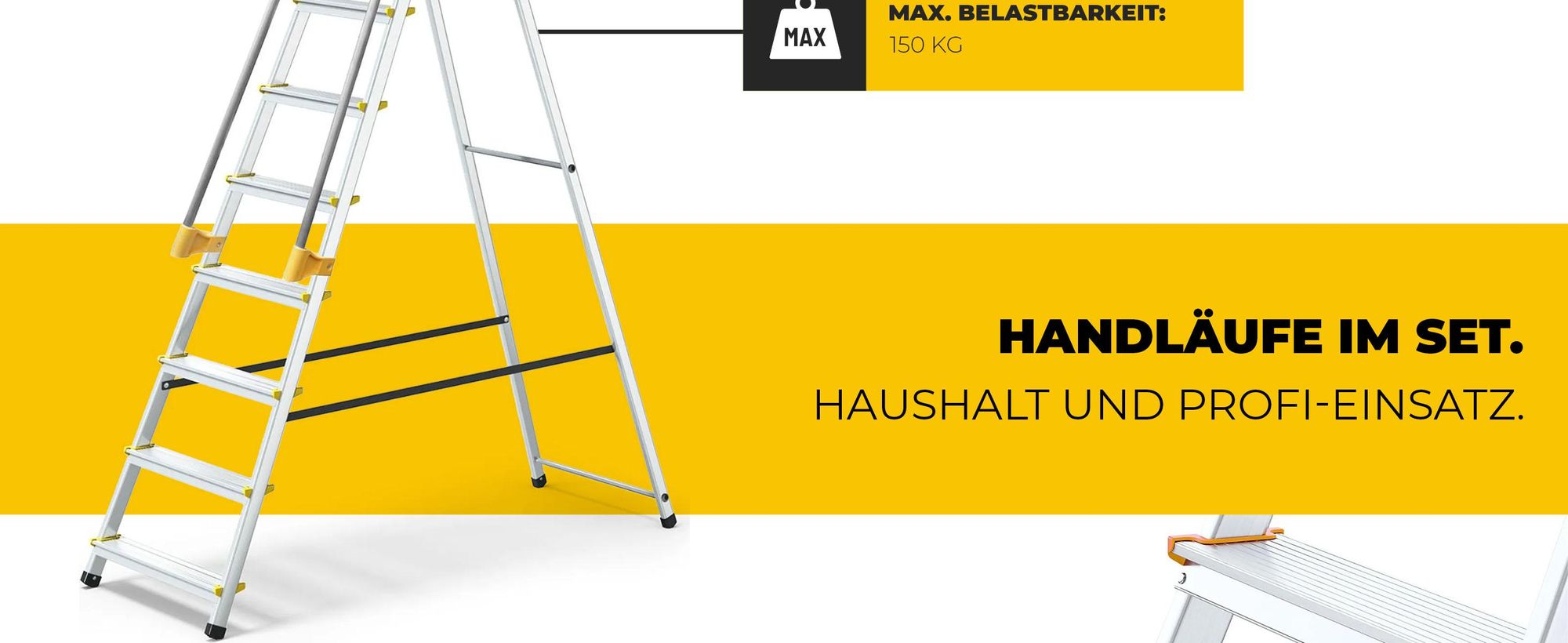 Drabest | Leiter - 8 Stufen, Tragfähigkeit 150kg - Leiter mit Handläufen, Alu Leiter, Anti-Rutsch-Füße, Trittleiter, Klappleiter