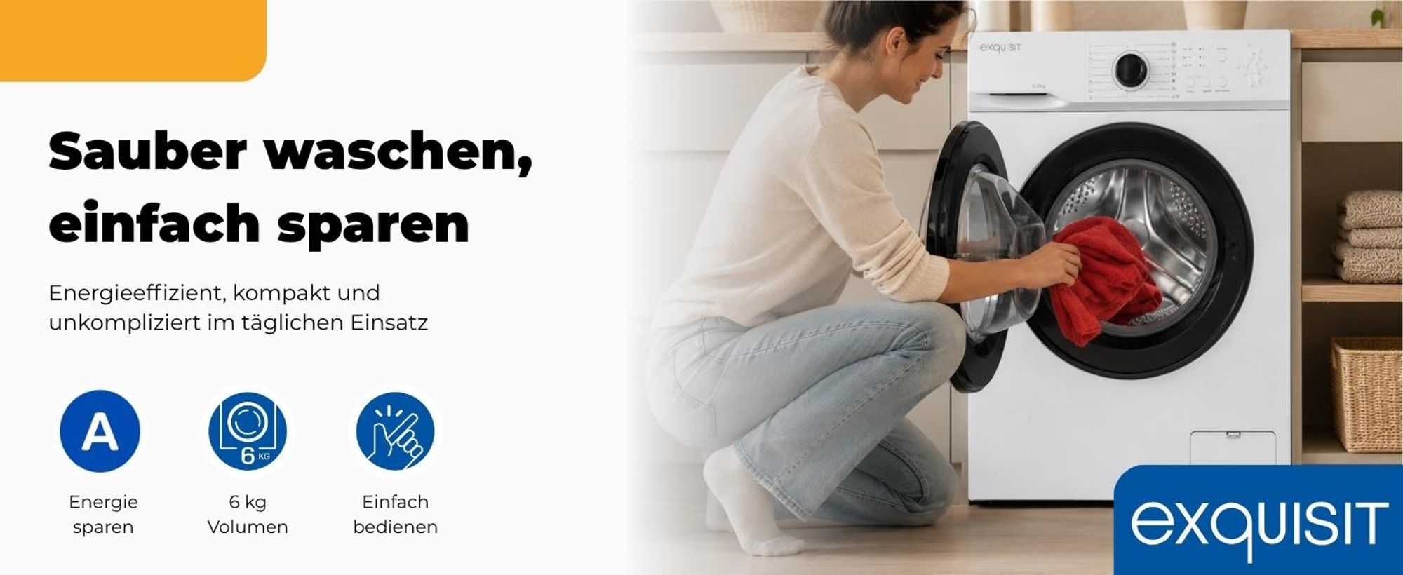 Exquisit Waschmaschine 6kg, Energieeffizienzklasse A, max. 1000 U/min, ECO 40-60, Kurzprogramm, Kindersicherung, WA56110-020A weiss