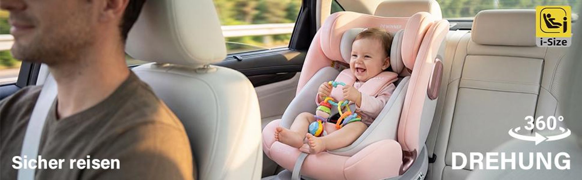 DEWINNER Kindersitz 360°Drehbar, Kinderautositz I-Size, Gruppe 0+/1/2/3 für Autos mit ISOFIX, Reboarder ab Geburt -12 Jahre (40-150 cm), 0-36 kg, PINK