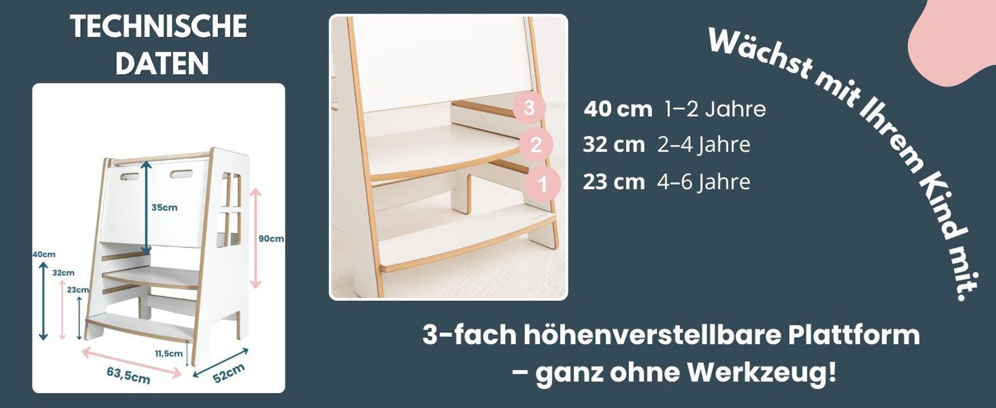 DOUBLE SAFE - Montessori Lernturm Kitchen Helper Kinderplattform Küchenturm | Lernturm für Geschwister | Lernturm für zwei Kinder