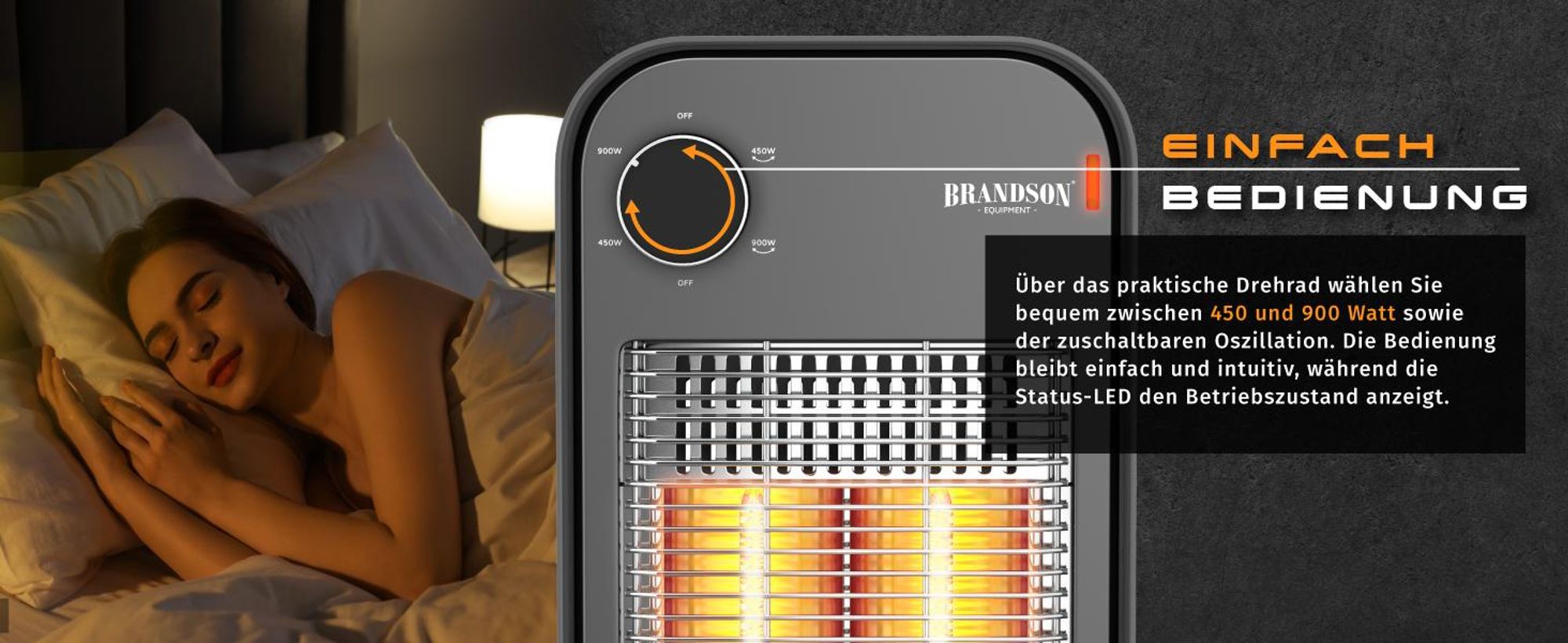 Brandson Carbon-Heizstrahler 900 W, einfache Bedienung