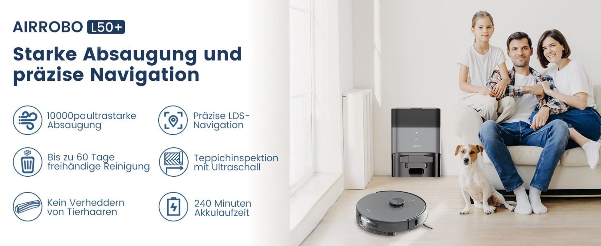 Saugroboter AIRROBO L50+ mit Saug- und Wischfunktion, 10000Pa Leistungsstarke Saugkraft, 240 Minuten Akkulaufzeit
