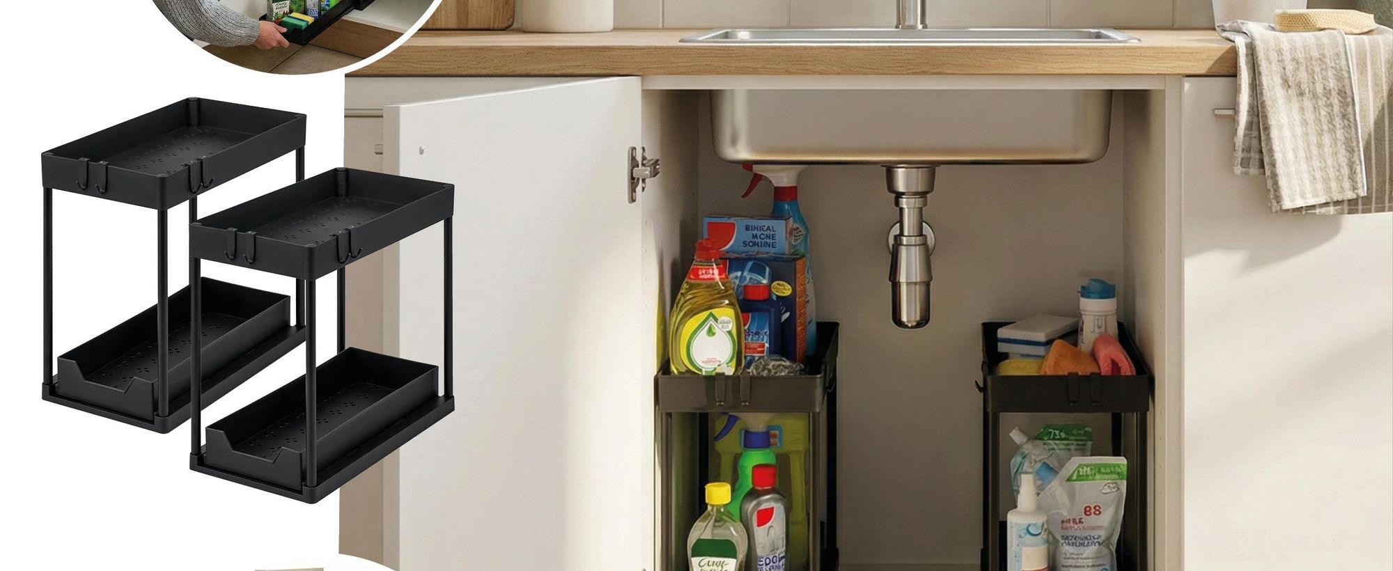 eluno Spülschrank-Organizer 2er Set, 2-stöckiges ausziehbares Unterschrankregal inkl. 8 Haken, schwarz