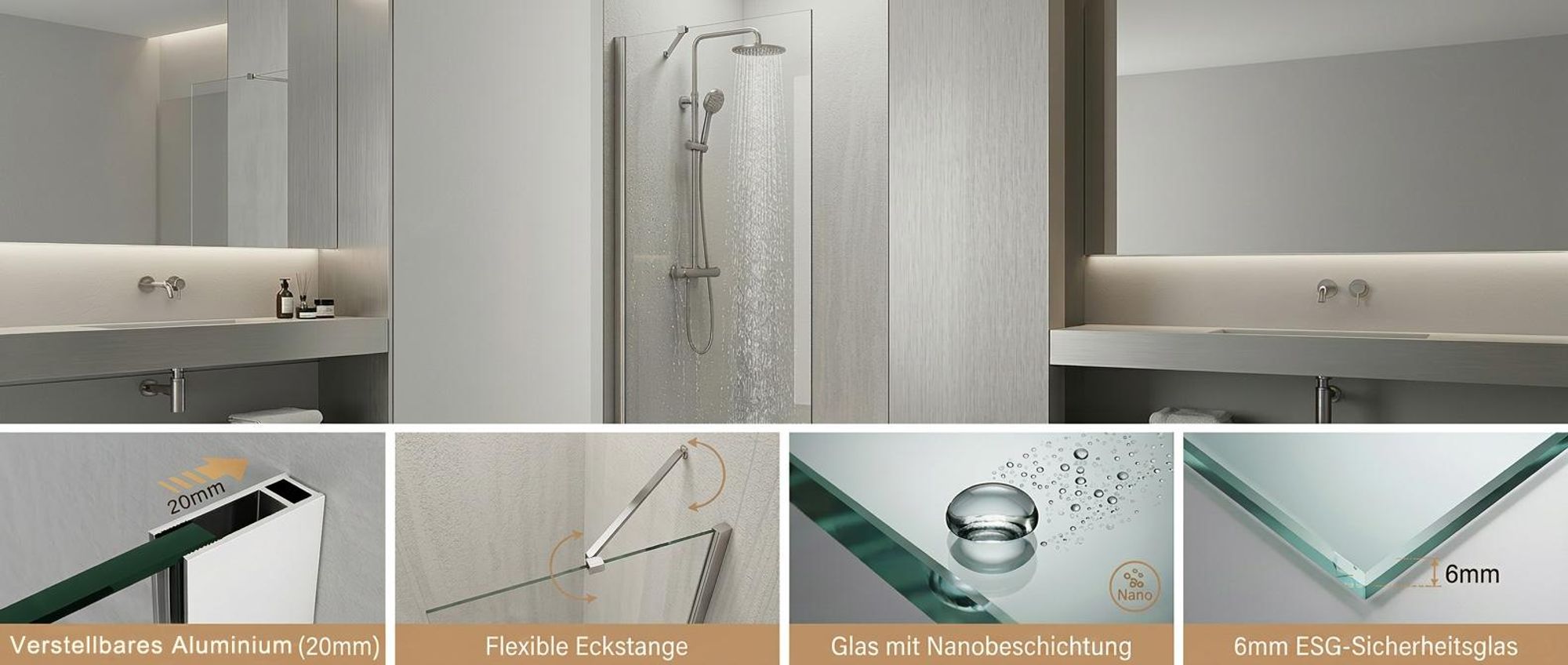 Walk in Dusche Duschabtrennung 75 x 185 cm Duschwand Seitenwand Duschtrennwand 6mm NANO klares Glas SB