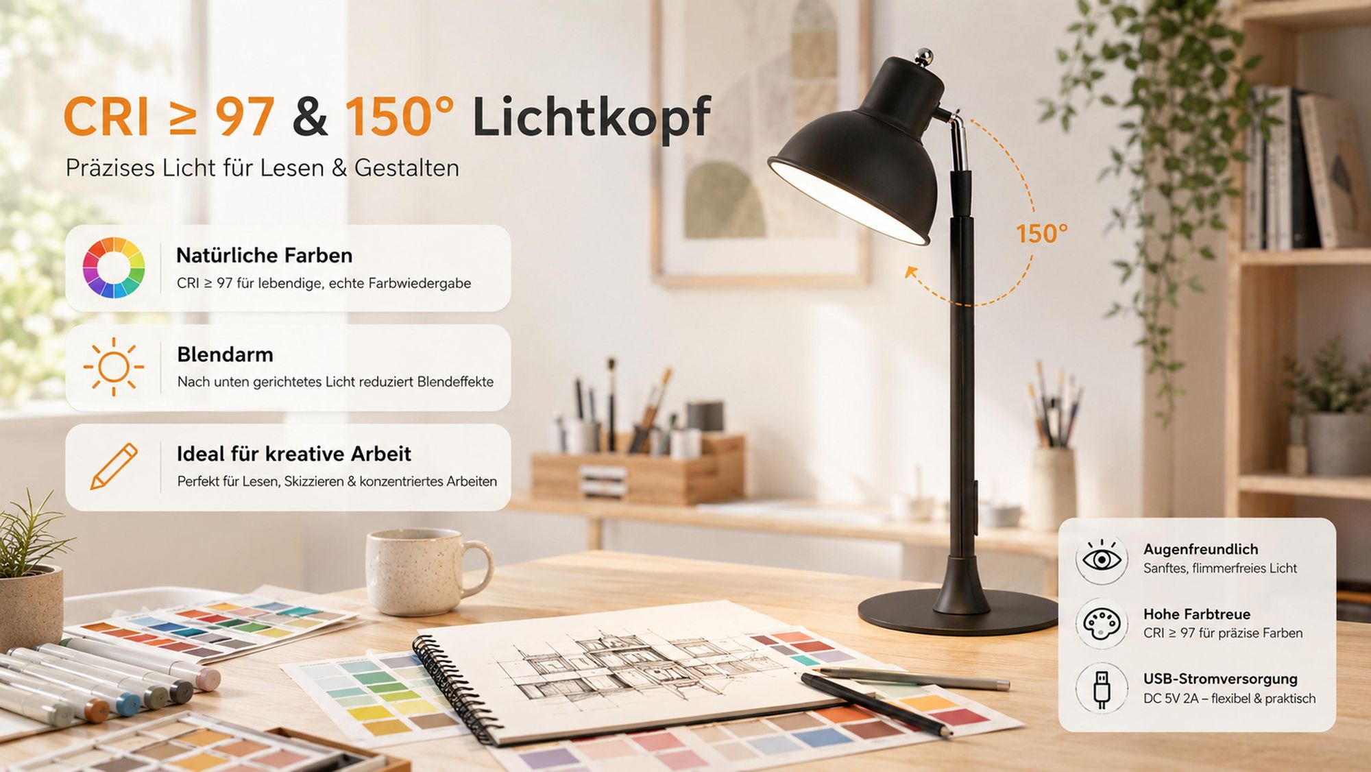 LED Tischlampe Höhenverstellbar 45-145cm - 2-in-1 Stehleuchte Schwarz mit USB Dimmbar 3 Lichtfarben 150° Drehbar Leselampe für Wohnzimmer Nachttisch