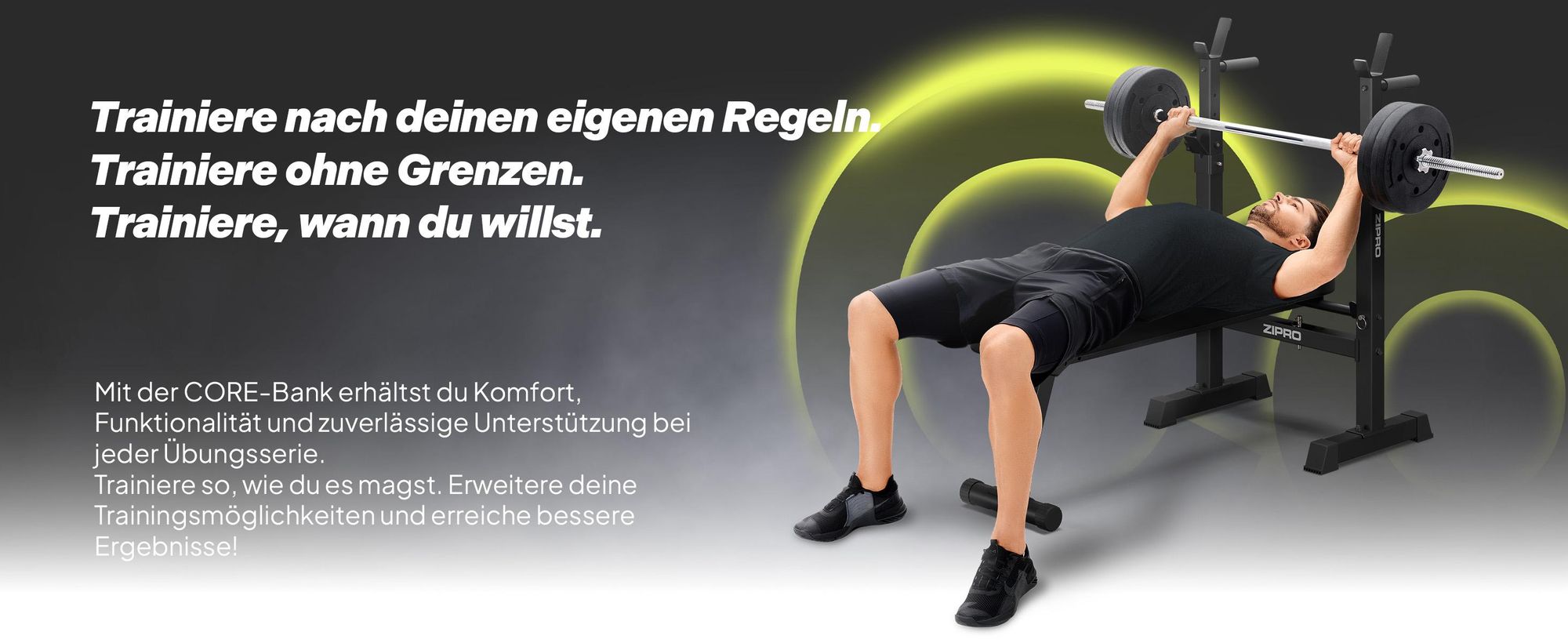 Zipro Hantelbank mit Langhantelablage Core – Klappbare Drückerbank für Bankdrücken Flachbank mit Dip-Barren Bis 230kg Belastbar Platzsparende