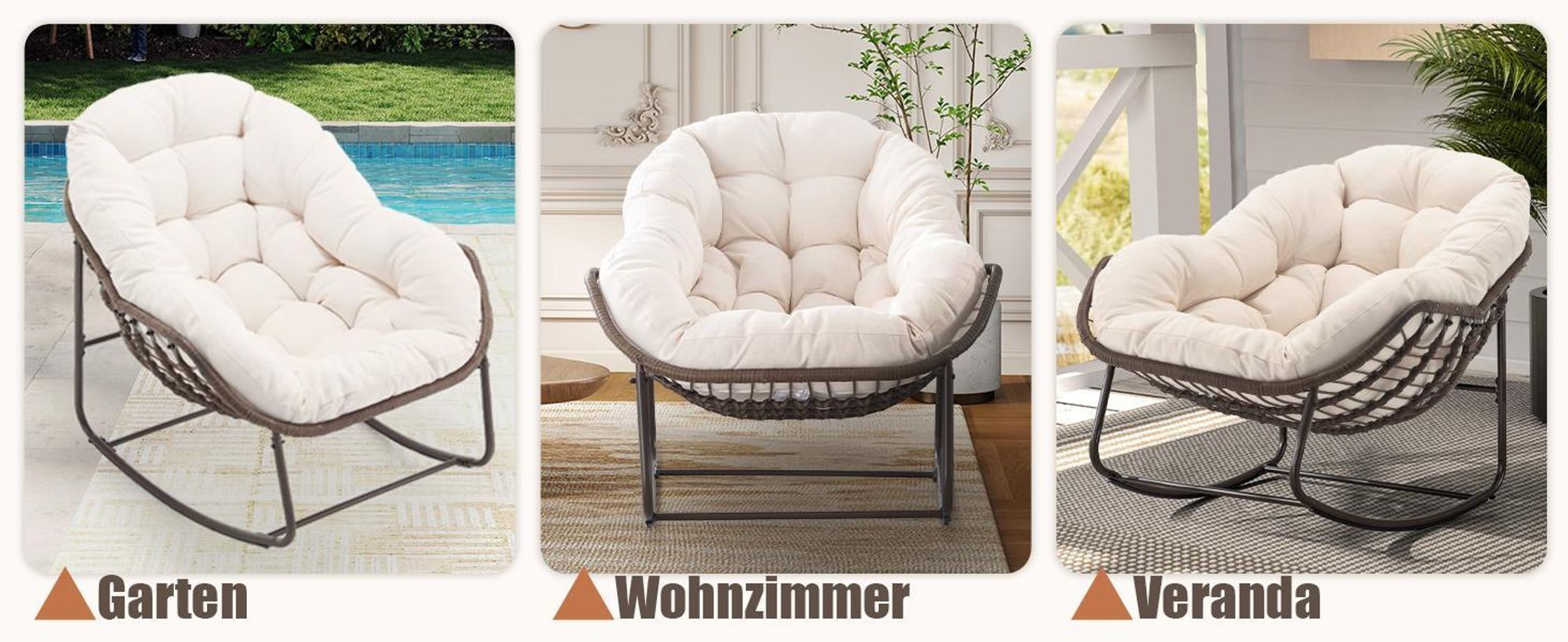 LVHOM Schaukelsessel Garten mit Kissen, 2 Stk. Rattanstühle mit Stahlrahmen, Schaukelstuhl Lounge-Schaukelsessel, Sessel für Balkon, Creme-Weiß