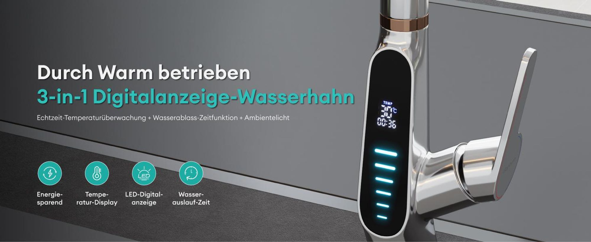 Mai & Mai Wasserhahn Küche Küchenamatur ausziehbar 360° drehbar 3 Wasserstrahl-Modi LED-Digitalanzeige Küchenwasserhahn Spültischarmatur Silber 8085