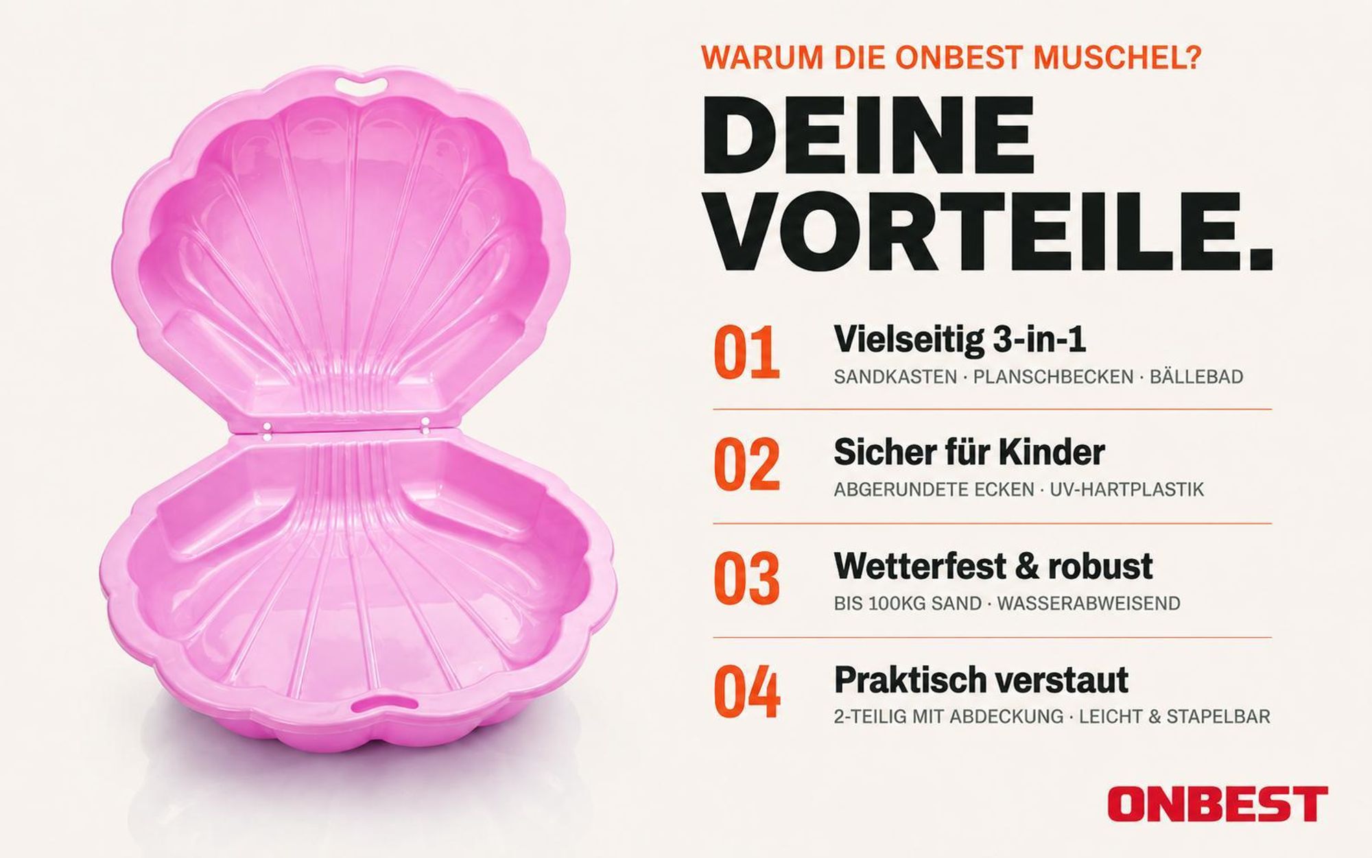 ONBEST Sandkasten 2in1 Sandmuschel mit Deckel | 100 kg | Kunststoff | Pink | ‎88 x 78 x 38 cm