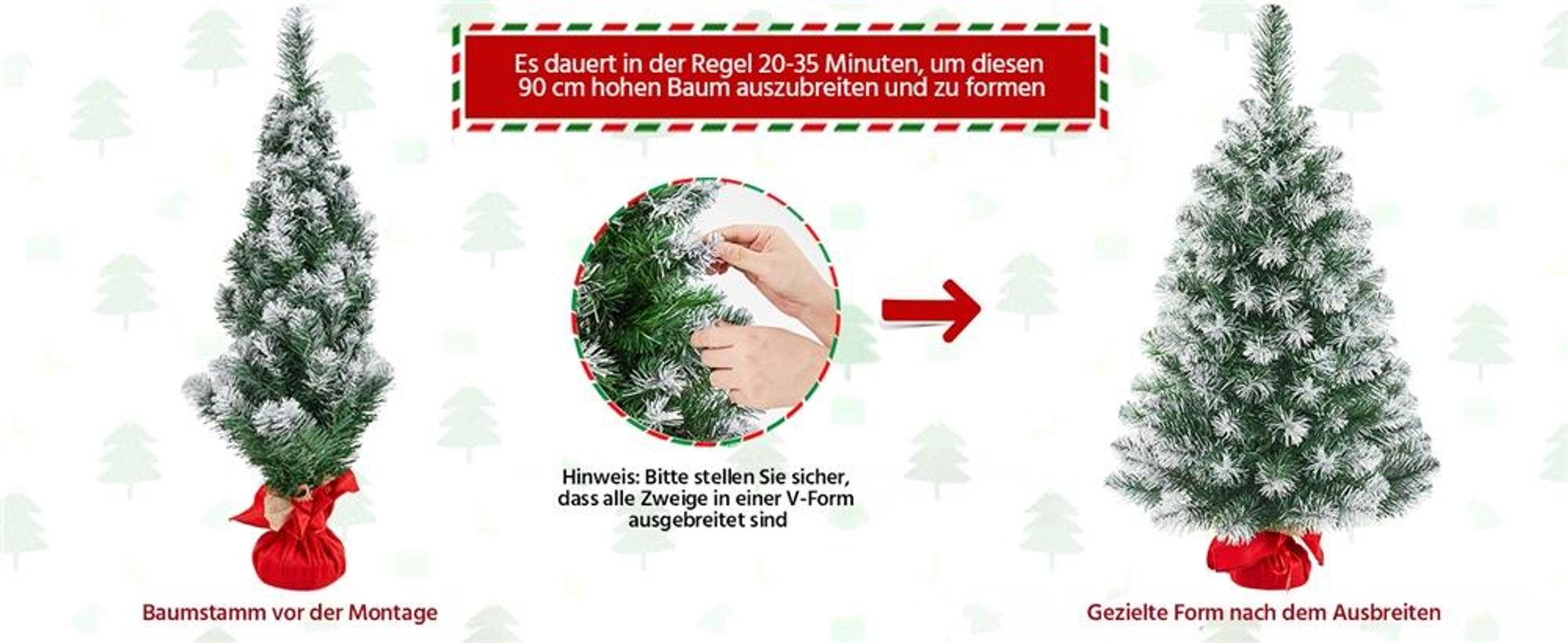 Yaheetech 90 cm Künstlicher Weihnachtsbaum mit Schnee, kleiner Tannenbaum mit Ständer & 96 Spitzen, für Tisch