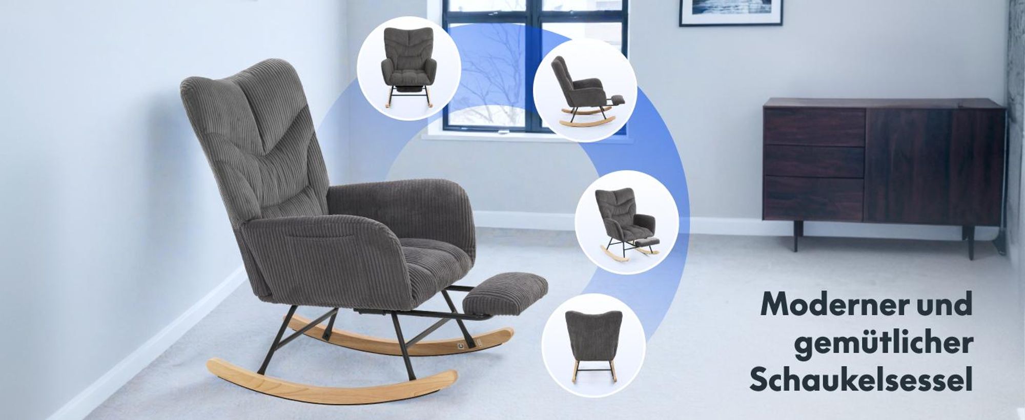 FLEXISPOT Schaukelstuhl Schaukelsessel hohe Rückenlehne & Fußstütze, Moderner Relaxsessel mit Holzkufen, gepolstert für Wohnzimmer, bis 120 kg Grau