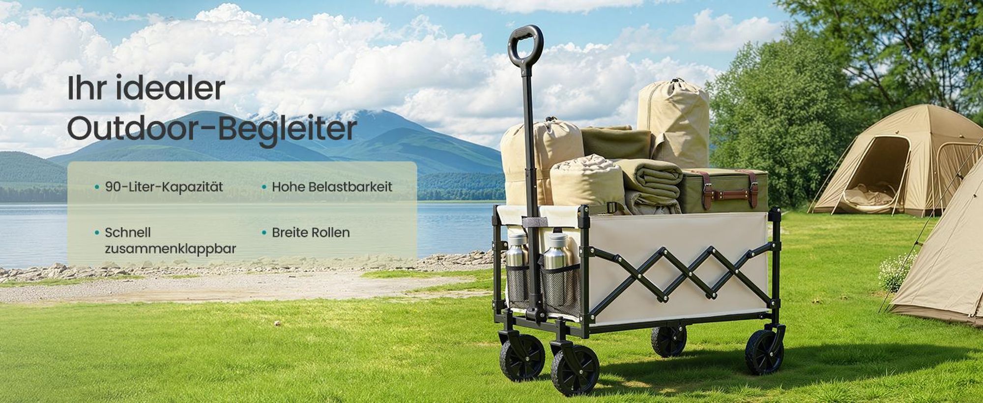 SONGMICS Faltbarer Bollerwagen, Transportwagen mit Griff, 4 verstärkte Rollen, 150 L, Outdoor, bis 150 kg, Garten, dunkelgrau