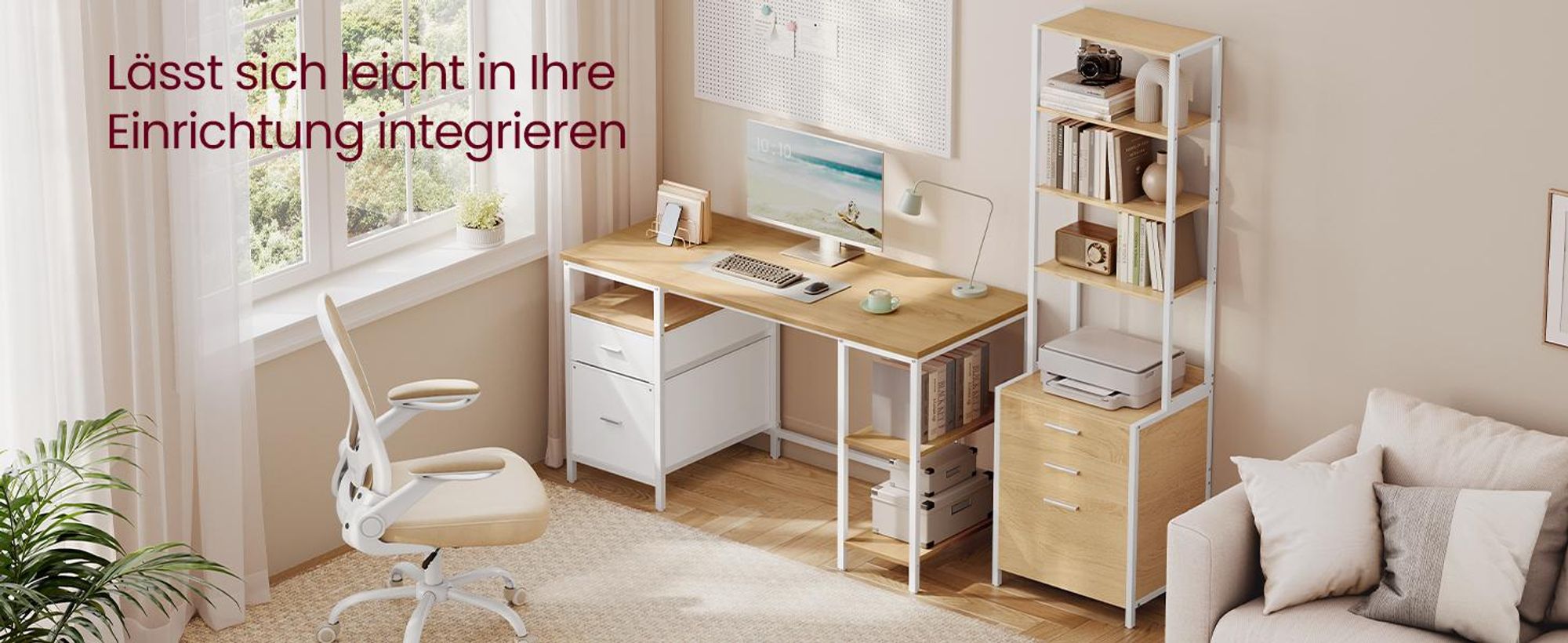 VASAGLE Schreibtisch mit 3 Ablagen, Bürotisch mit 2 Schubladen, 140 x 60 x 76 cm, moderner Stil, eichenfarben-weiß