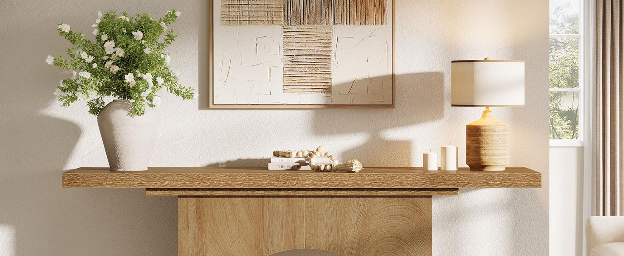 Tribesigns 105 cm Konsolentisch im Landhausstil, kleiner Holztisch für den Eingangsbereich mit rundem Lochmuster, schmaler Sofatisch hinter dem Sofa