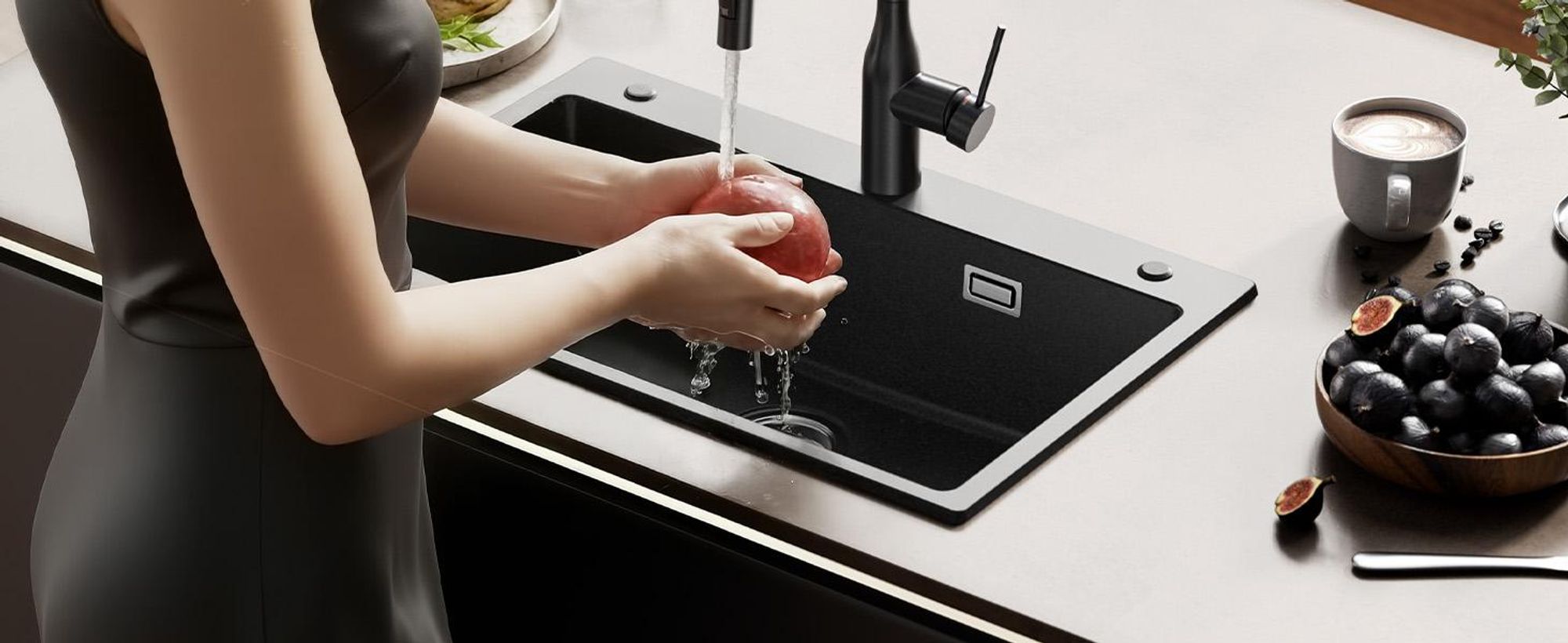 Küchenarmatur Edelstahl 304 Schwarz gebürstet Hochbogen mit 400mm Ausziehschlauch 360° drehbar 2 Wasserstrahlmodi metallfreier Wasserweg