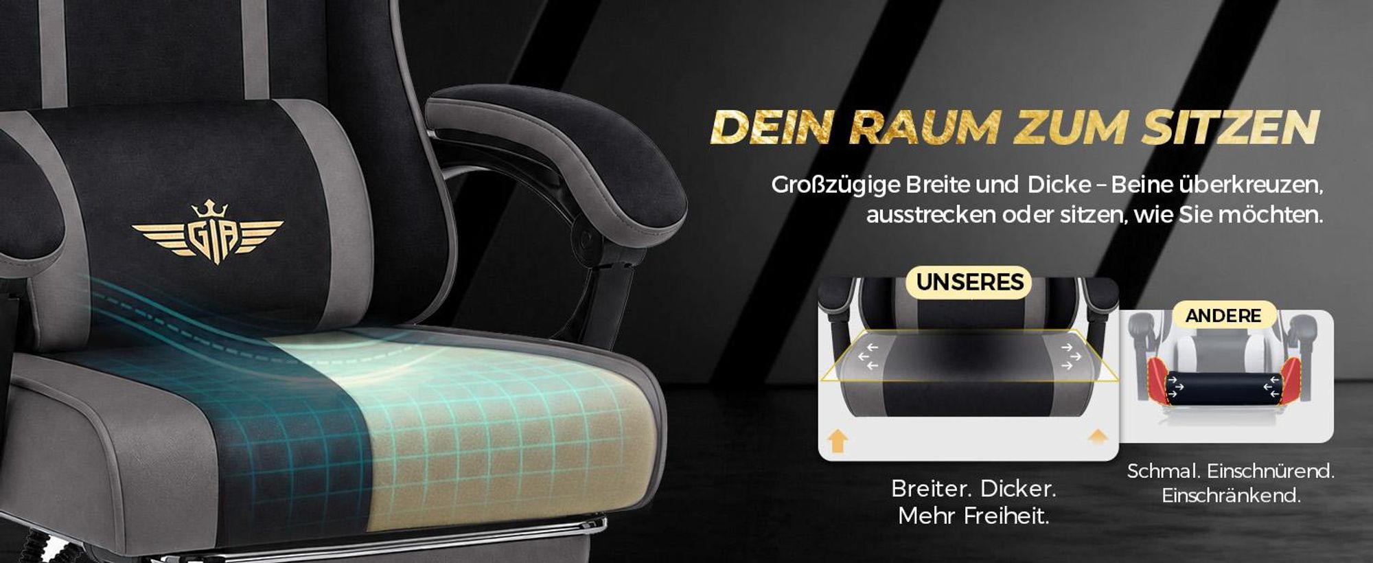 GTPLAYER Gaming Stuhl Ergonomischer Gaming Sessel Schreibtischstuhl mit Stoffoberfläche, Federsitzkissen, Verbindungsarmlehnen und Fußstütze 150KG, gr