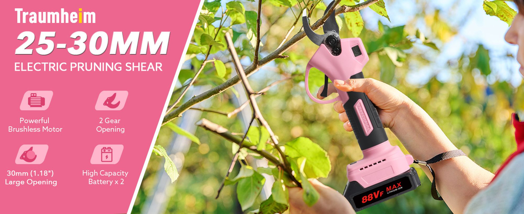 Akku Astschere Elektrische Gartenschere,0-30 mm Schnittdurchmesser,Fortschrittliche Digitalanzeige,mit 2 Batterie, 21V Baumschere,Rosa