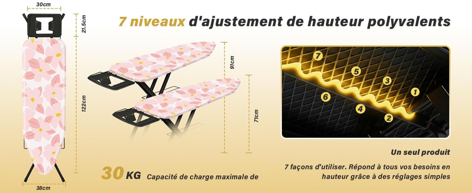 STANEW Table à Repasser 122 x 38 cm,Planche à Repasser Pliable,pour Centrale Vapeur,Système Anti-Fermeture,Hauteur Réglable,avec Housse en 100% Coton