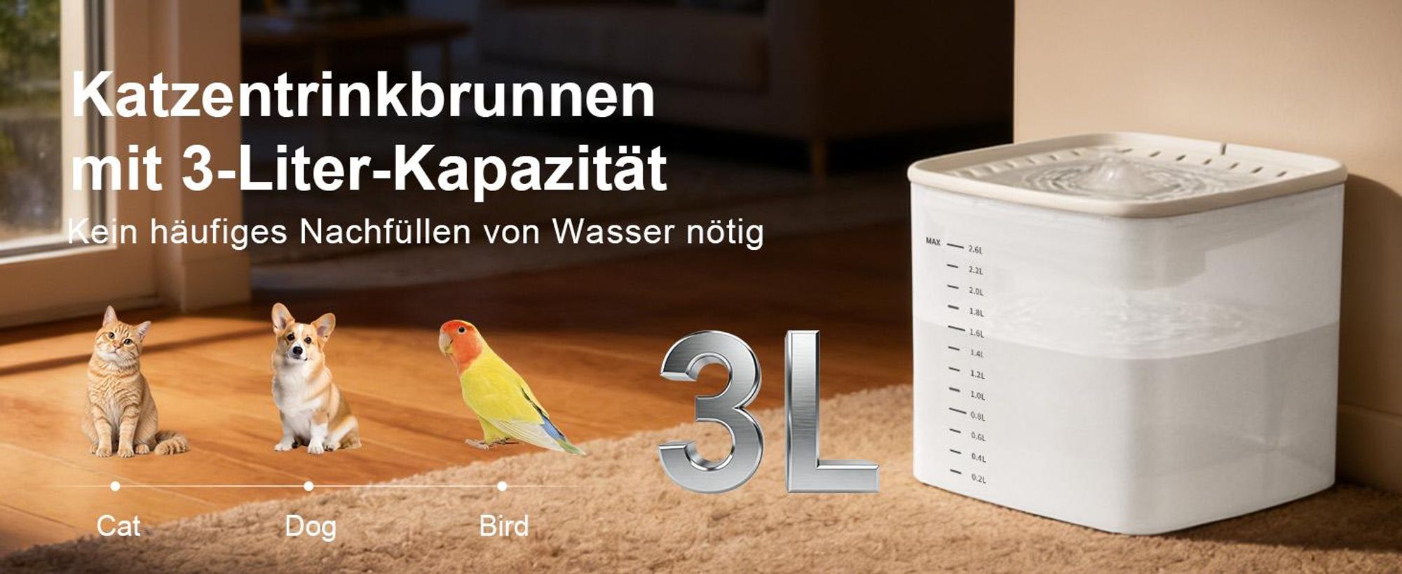 Trinkbrunnen für Katze, Katzenbrunnen, Automatischer Trinkbrunnen für Katzen und Hunde, 3L Wassertank, Leise Wasserpumpe, mit 2 Filterpatronen