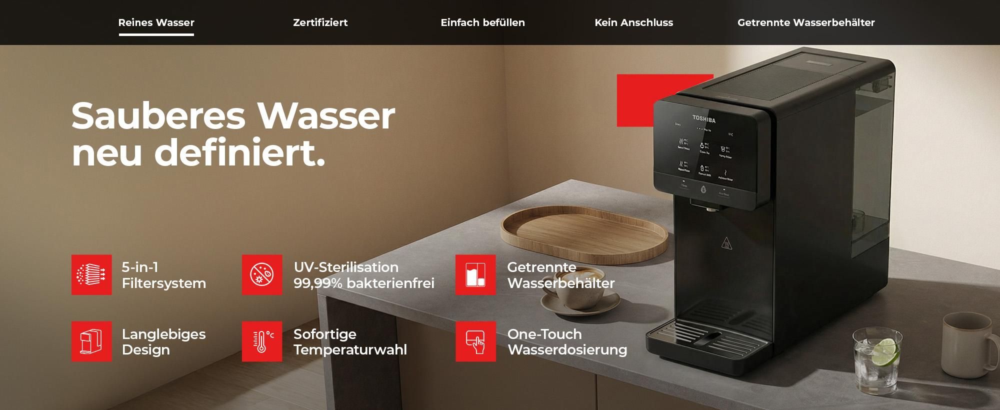 Toshiba Osmoseanlage, Wasserfilter Trinkwasser, Auftisch, Keine Installation, Heißwasserspender, Umkehrosmoseanlage, Mehrfach-Filterung, grau