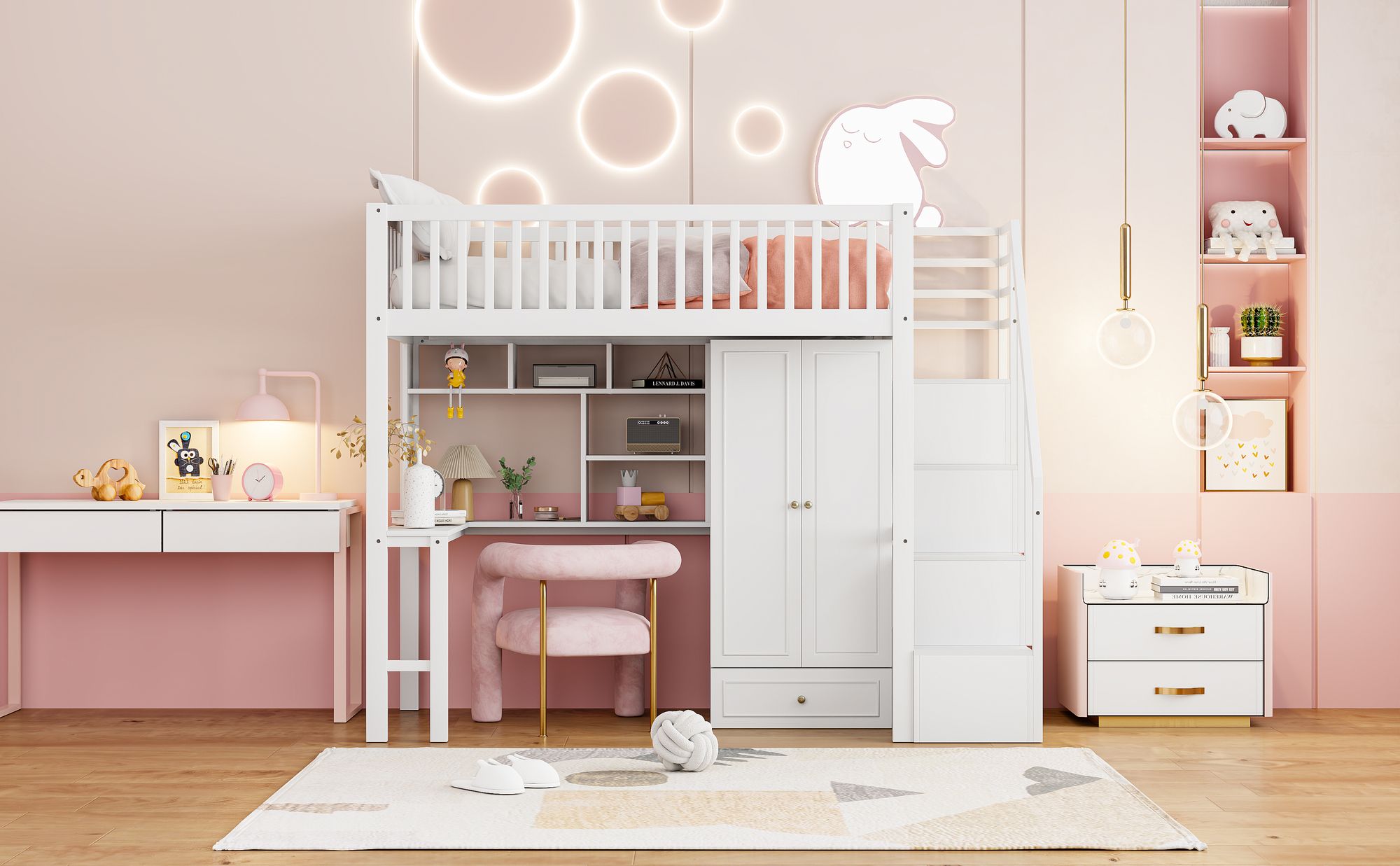 Merax Etagenbett 90x200cm mit Kleiderschrank, Hochbett mit Schreibtisch und Regal, Kinderbett mit Stauraumtreppe und Rausfallschutz, Holz Stockbett