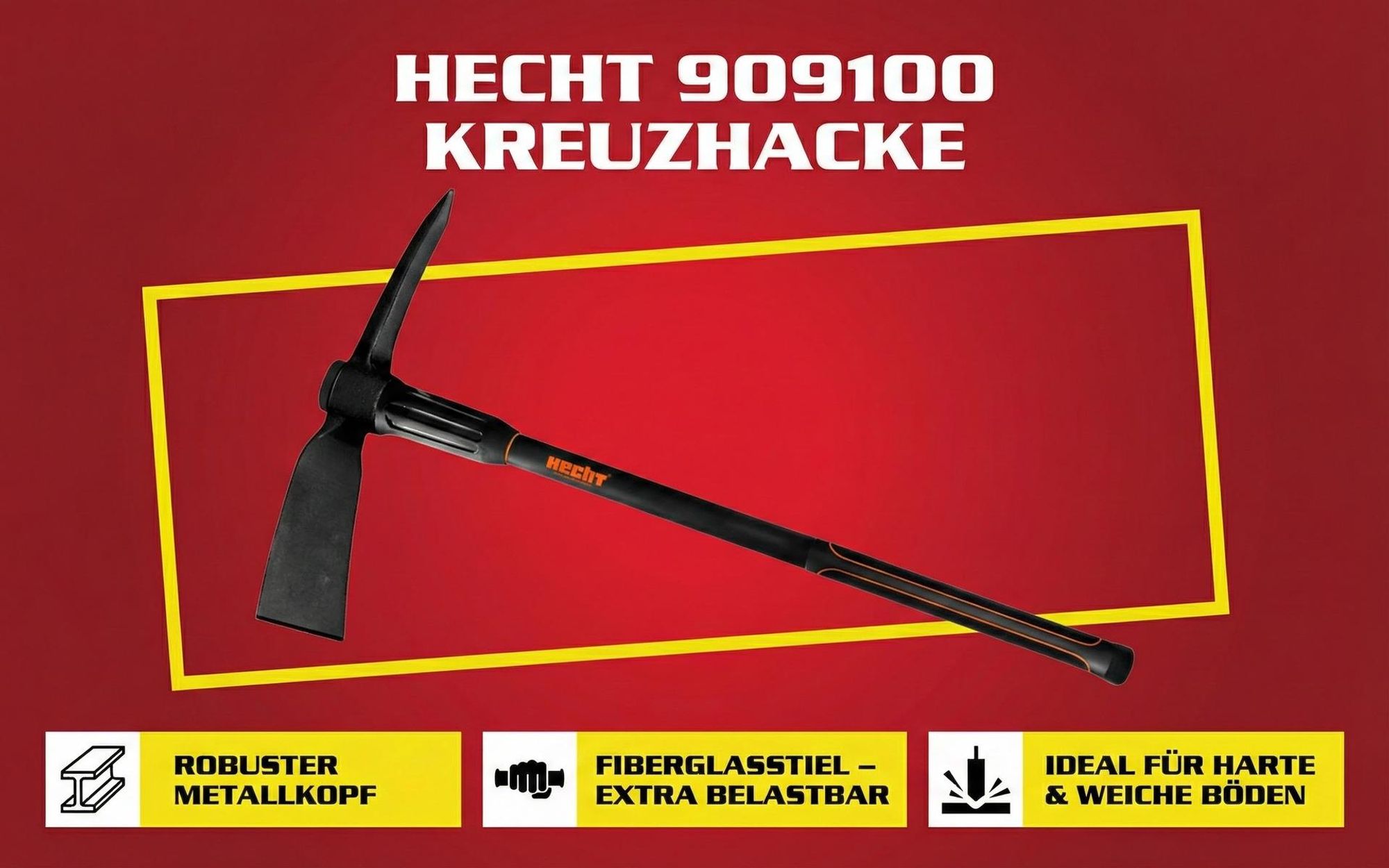 HECHT 909100 Spitzhacke mit Stiel Kreuzhacke | 91 cm Länge | Fiberglaskern | 2 cm Metallstärke