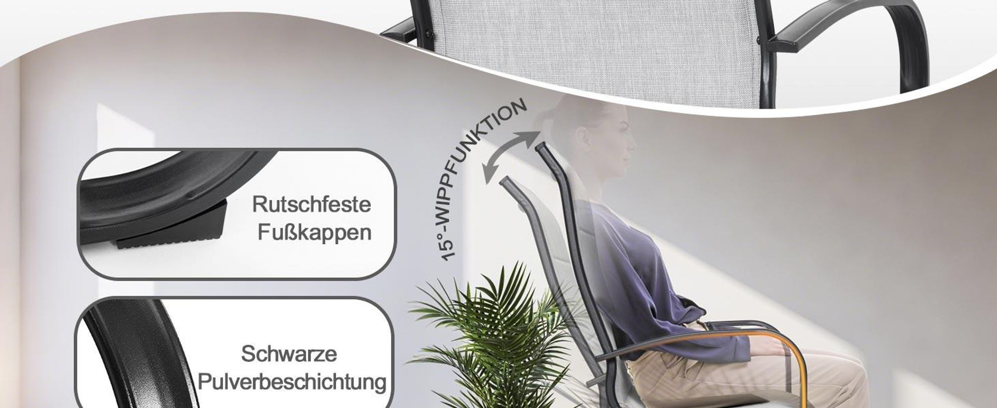 Graue Outdoor Textilene-Metall-Esszimmerstühle (2er-Pack)