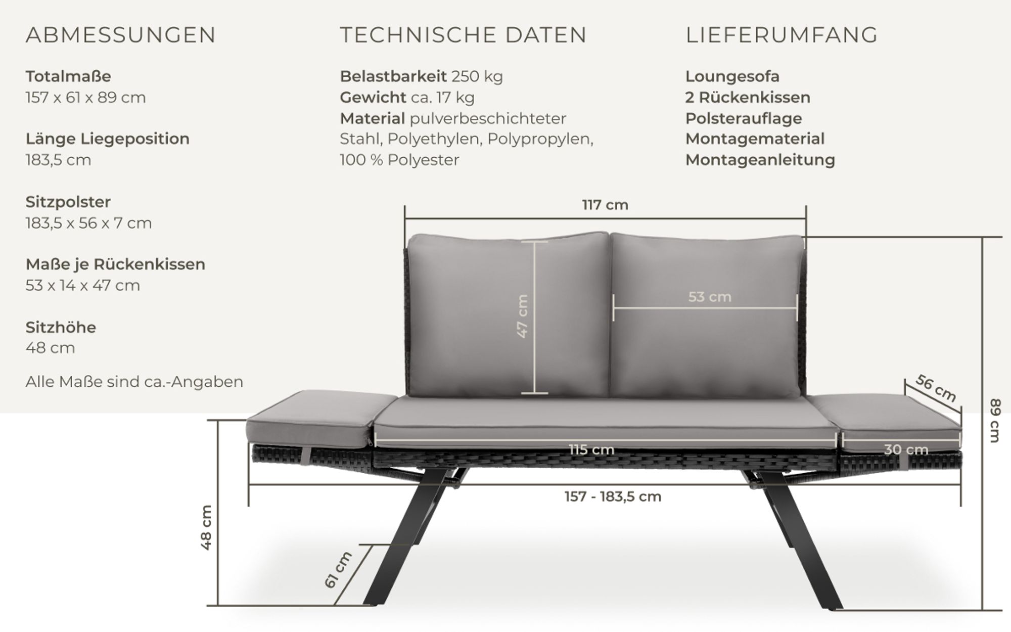 tectake® Rattan-Loungesofa Sintra 2in1 Funktion UV-beständiges und wetterfestes Geflecht