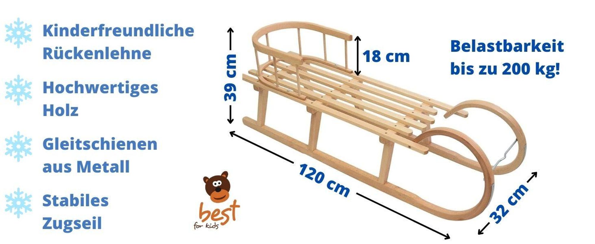 Holzschlitten für Kinder mit Rückenlehne Rodelschlitten Davoser aus Holz