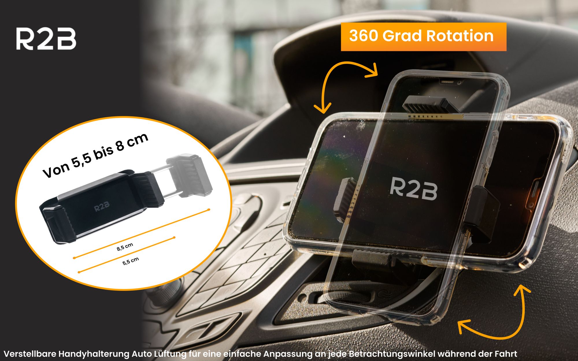 R2B Handy Halterung Auto Für lüftungsgitter - auto Handyhalterung, 360-Grad-Drehfunktion, KFZ-Halterung lüftung, Halterung iPhone