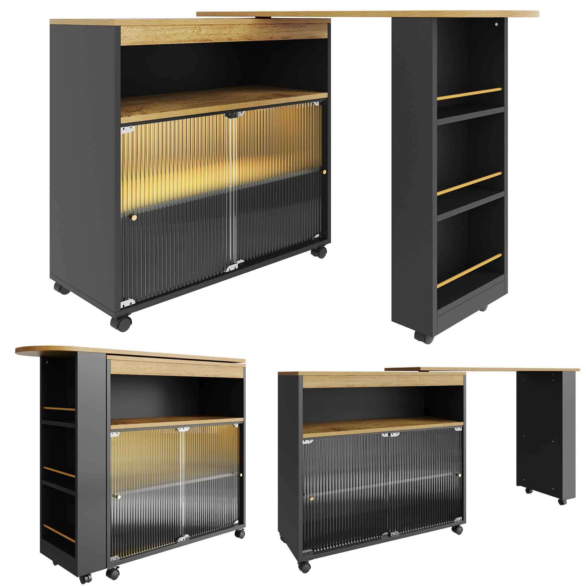 Flieks Ausziehbar Esstische Küchentisch mit Regal und Staufach, Bartisch Stehtisch mit LED, Rechteckig Tisch Kücheninsel 360 ° Drehbar, Schwarz