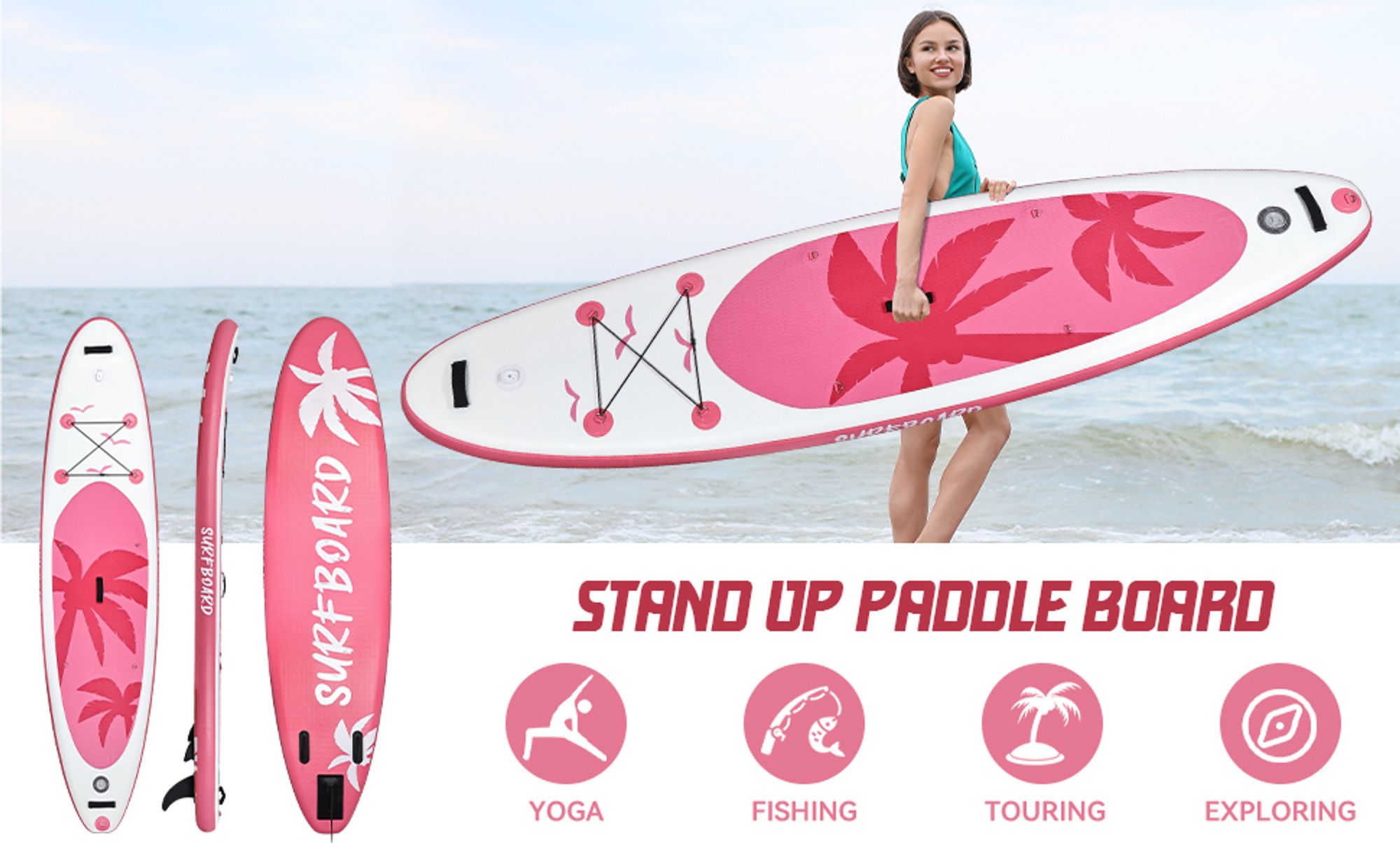 Puluomis Stand Up Paddle Boards 335, SUP Board mit Sitz Set, Paddling Paddelboard Set Surfbrett Aufblasbar,  Pumpe Tragetasche und Zubehör, MB. bis 150Kg, Rosa
