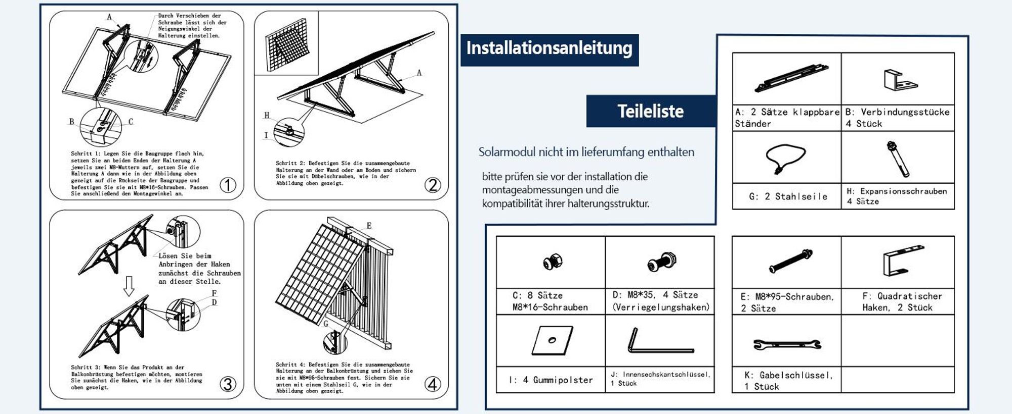 2X Balkonkraftwerk Halterung mit Haken für Geländer Balkon PV Modul Aufständerung verstellbar Winkel 10°-40° Grad (für 1 Modul - Balkon/Geländer)