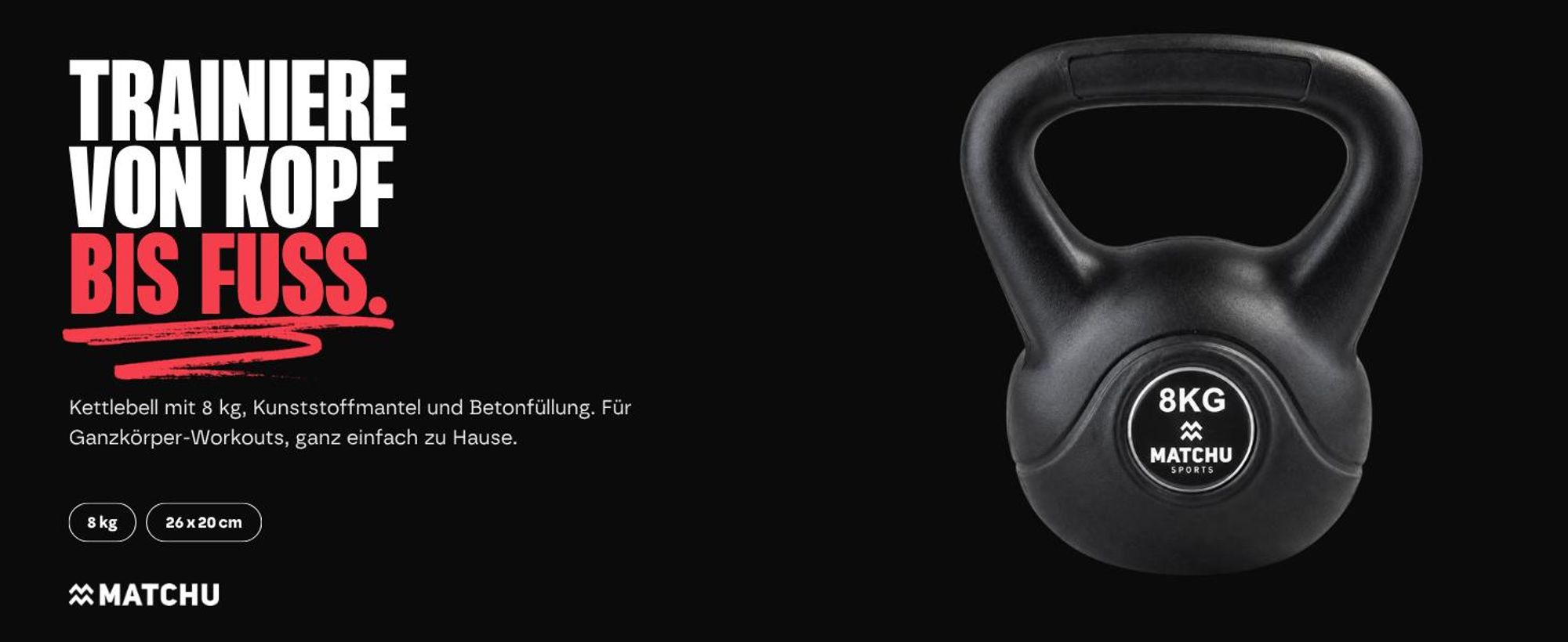 Matchu Sports Kettlebell 8 kg - Schwarz - 20cm - 26cm - Kugelhantel aus Kunststoff
