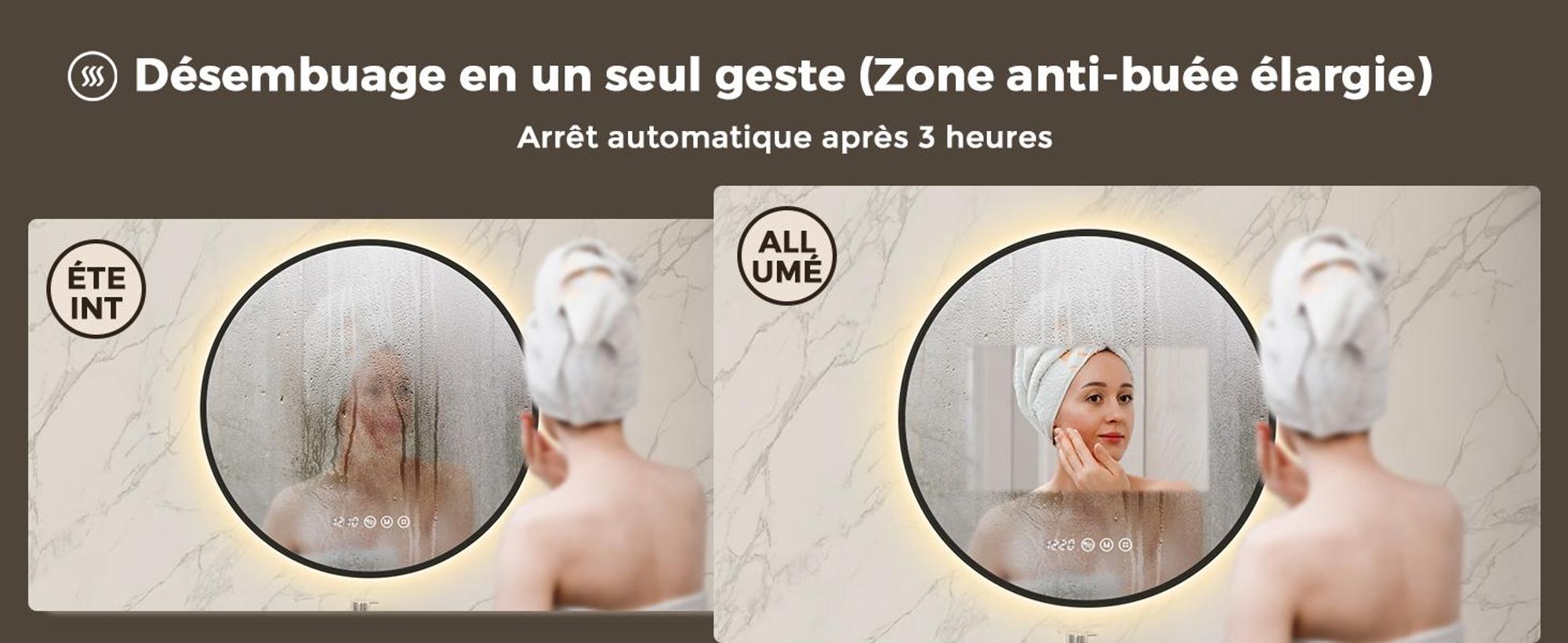 S'AFIELINA Miroir Salle de Bain LED Rond 70 cm, Interrupteur tactile, Anti-Buée, Horloge & Température, Cadre Noir