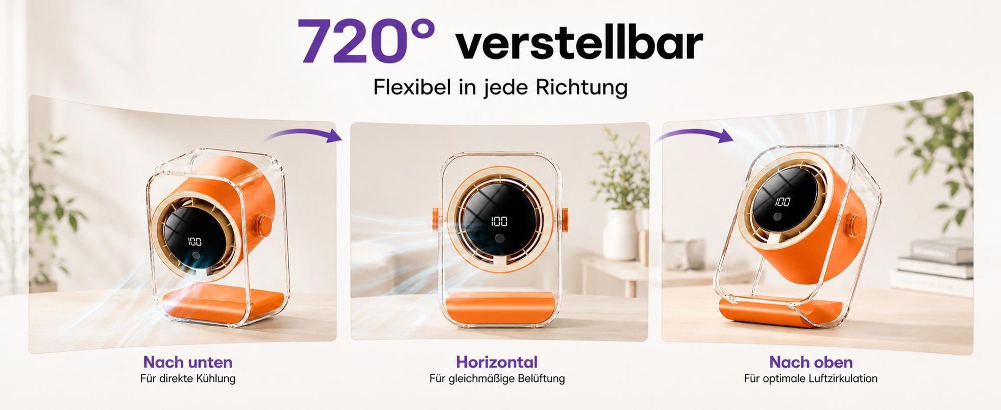 Tischventilator, Ventilator leise, 720° einstellbar, 3 Timer-Stufen (3/6/9h), 100 Geschwindigkeiten, Ventilatoren USB, LED display, Überall einsetzbar
