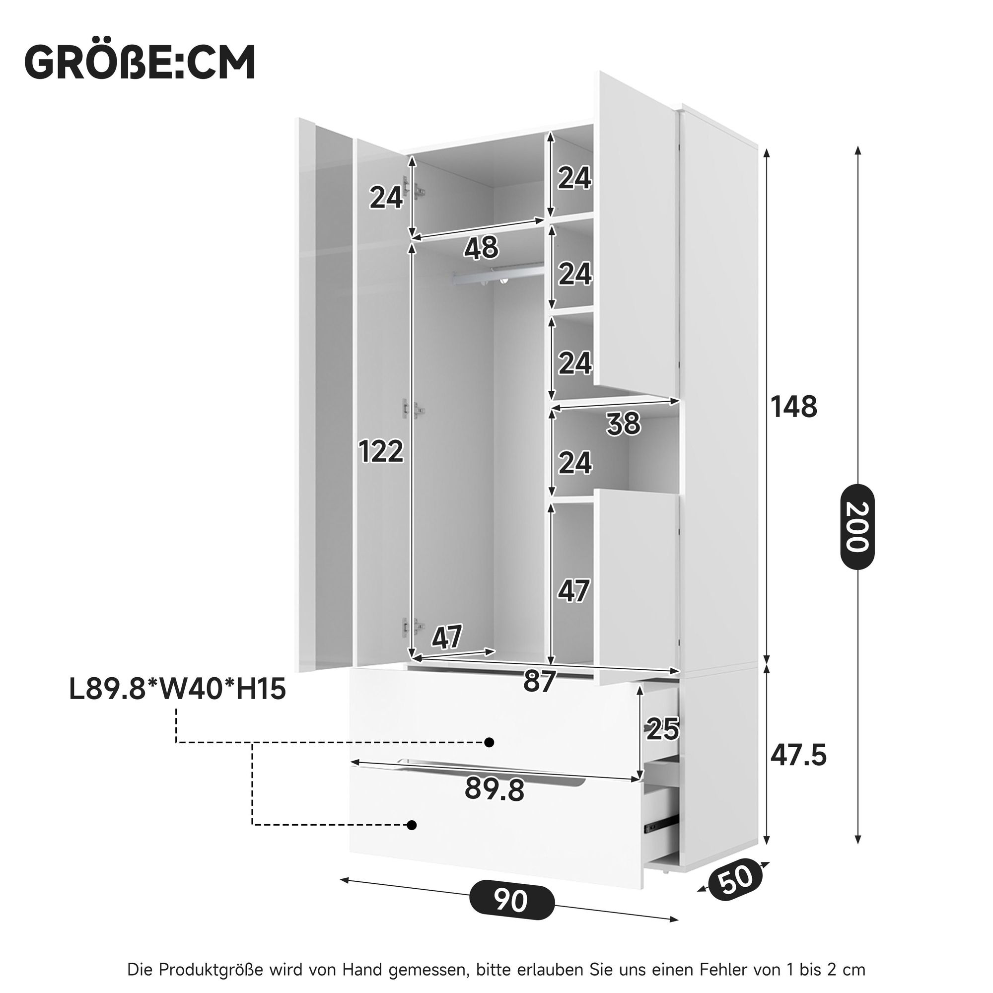 Flieks Kleiderschrank mit Kleiderstange, Garderobe mit LED-Beleuchtung und Schubladen, Hochschrank mit Staufächern, 90 x 50 x 200 cm,Weiß, Holz+ Glas