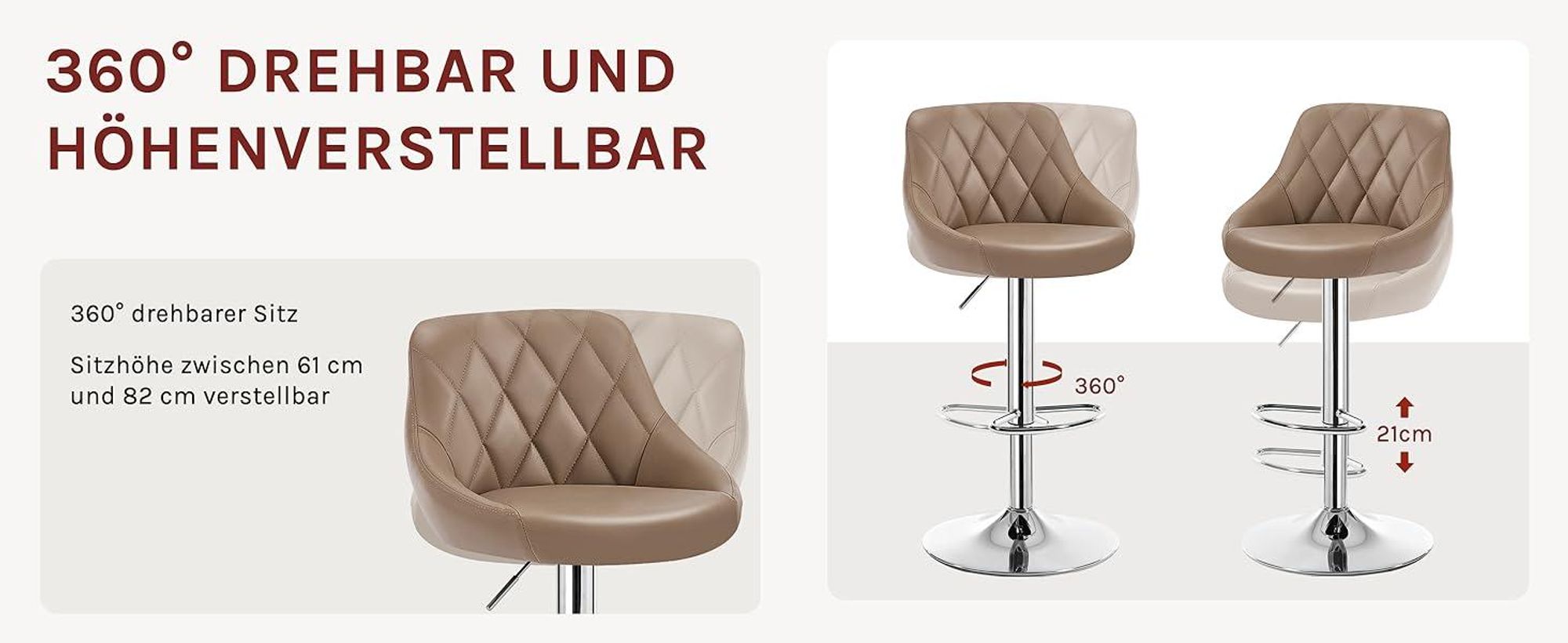 WOLTU 1er Set Barhocker Barstuhl leichte reinige Kunstleder, Gute gepolsterte Sitzfläche, Höhenverstellbar 360° Drehbar, Farbwahl, Khaki