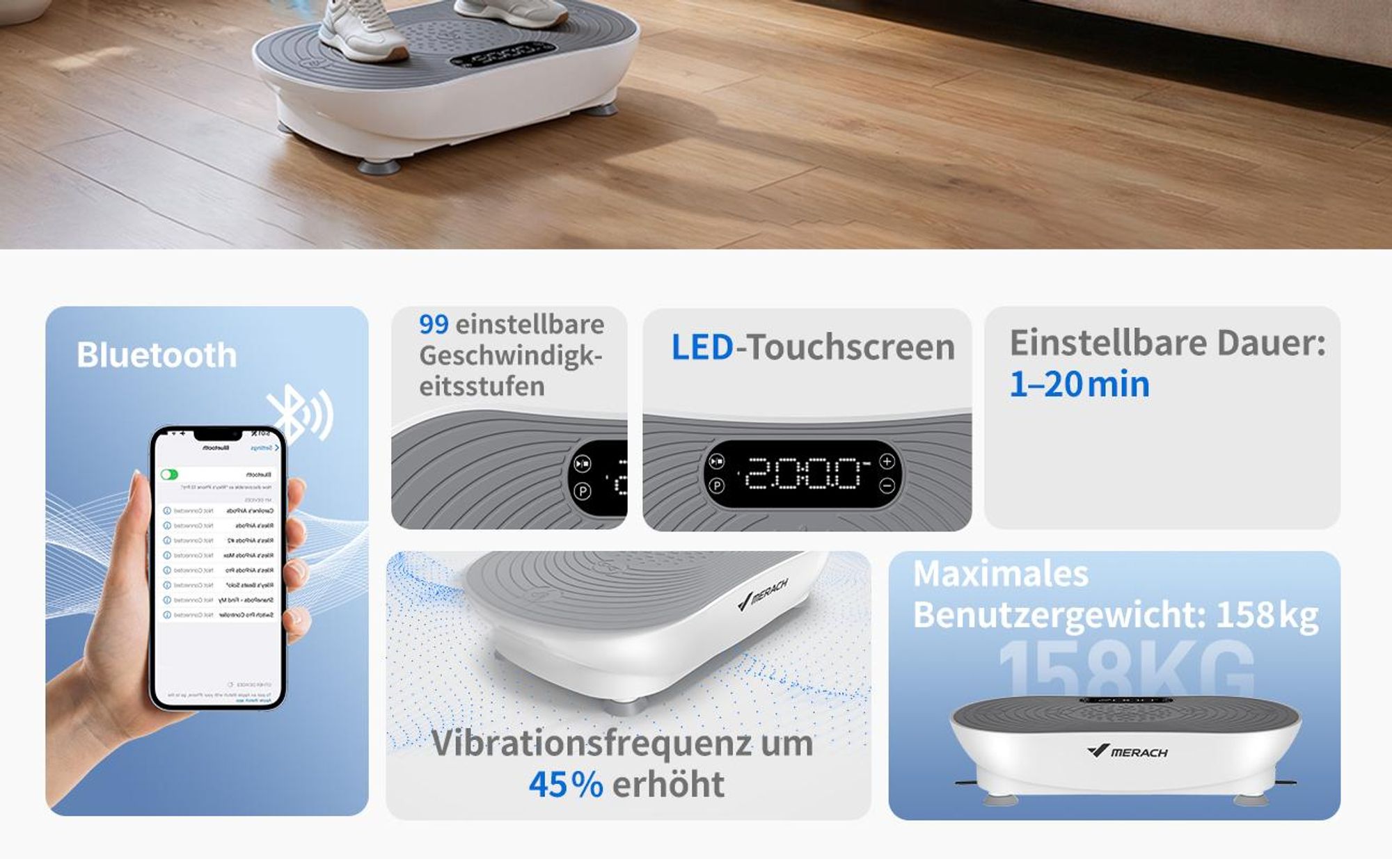 Vibrationsplatte, leise und Kompakte Vibrationsplatte mit LED-Display, mit Fernbedienung, für Ganzkörpertraining zu Hause, bis 158 kg