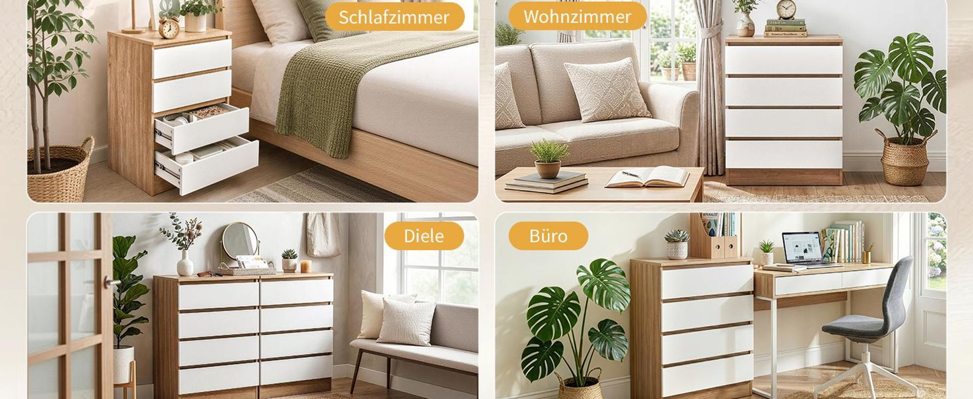 Kommode mit 4 Schubladen Sideboard Weiß und Eiche Anrichte holz