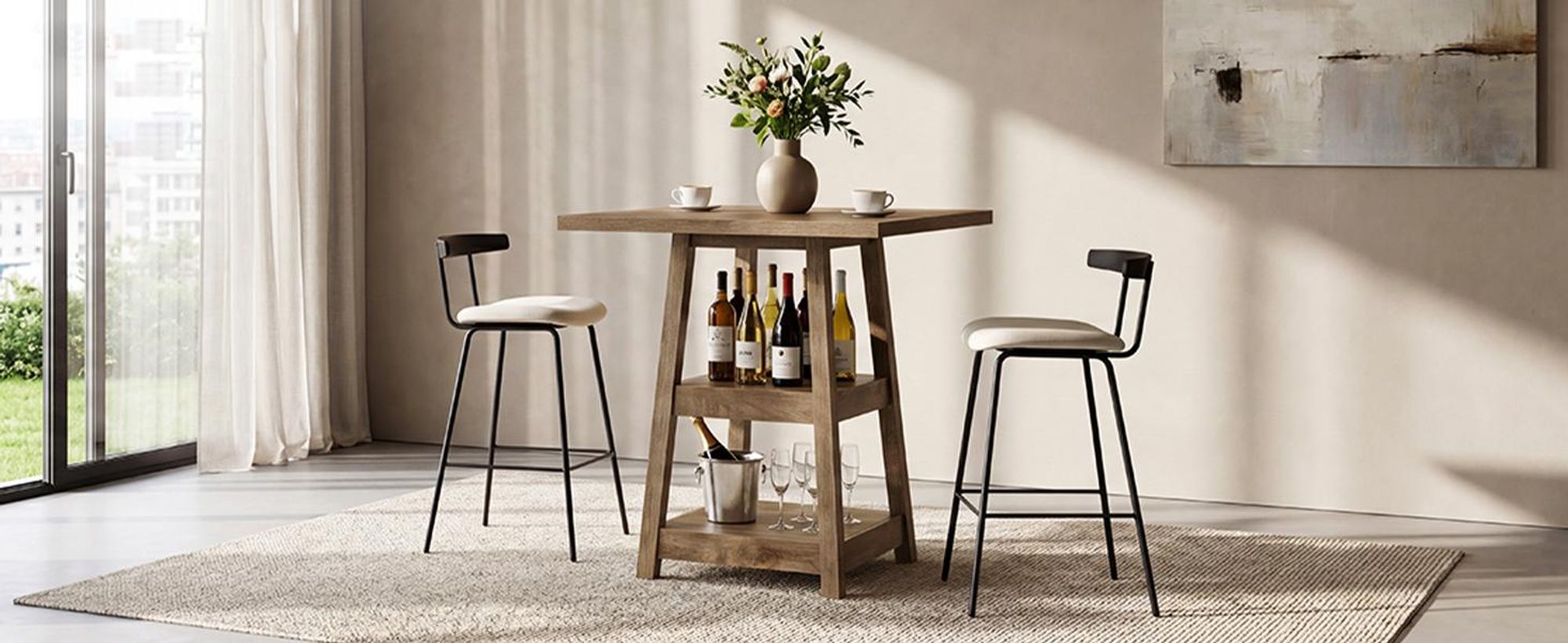 90 cm hoher quadratischer Bartisch mit zweistufigen Ablagefächern – Hoher Bartisch für 2–4 Personen, Cocktailtische im Landhausstil (nur Tisch)