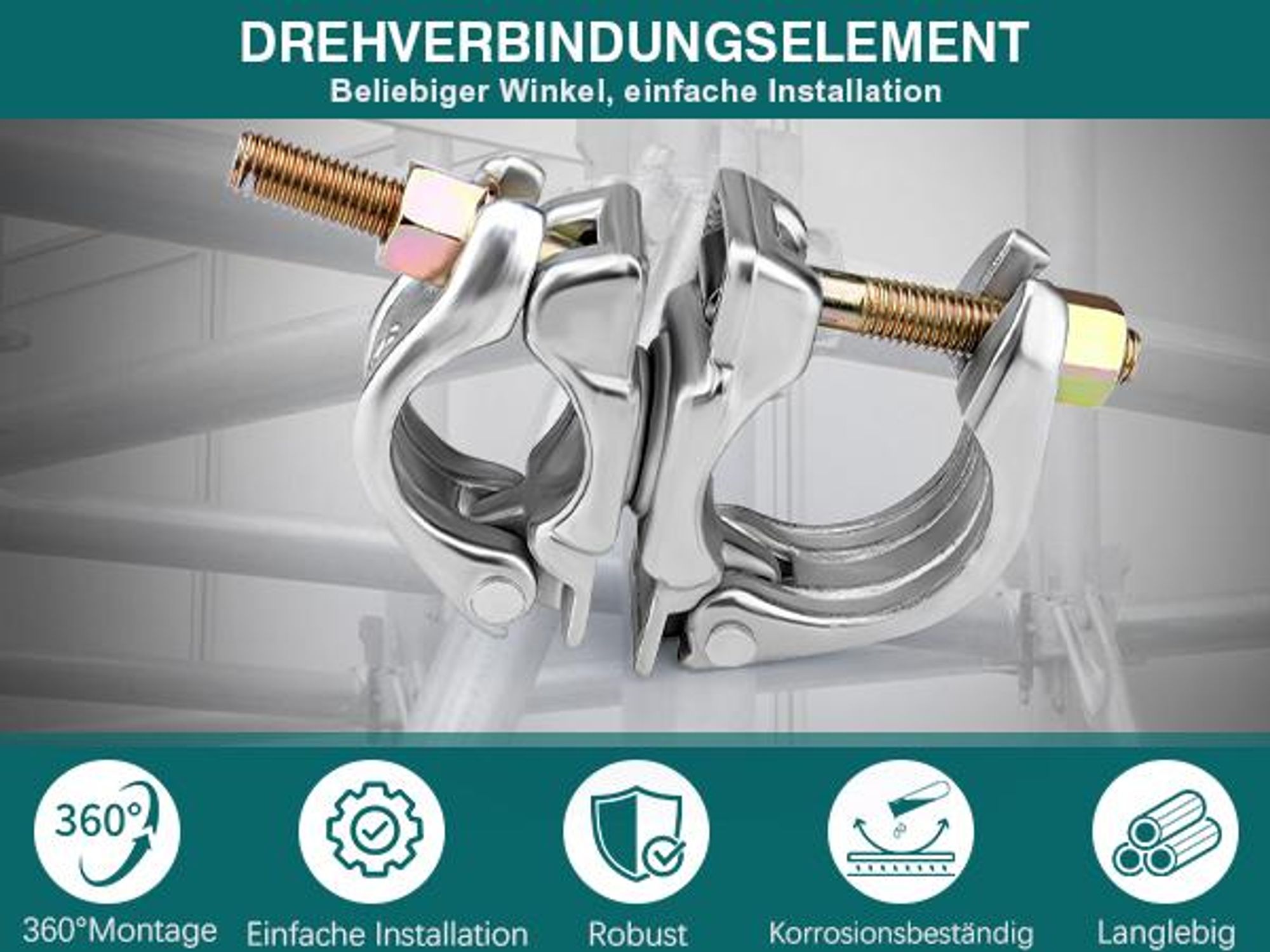 2 Stück Gerüstklemme 48-60 mm Feuerverzinkt S235JR Stahllegierung, 360° Drehbare Gerüstkupplung, Rostfrei, Stabile, Drehkupplung Gerüst, Stahlkupplung