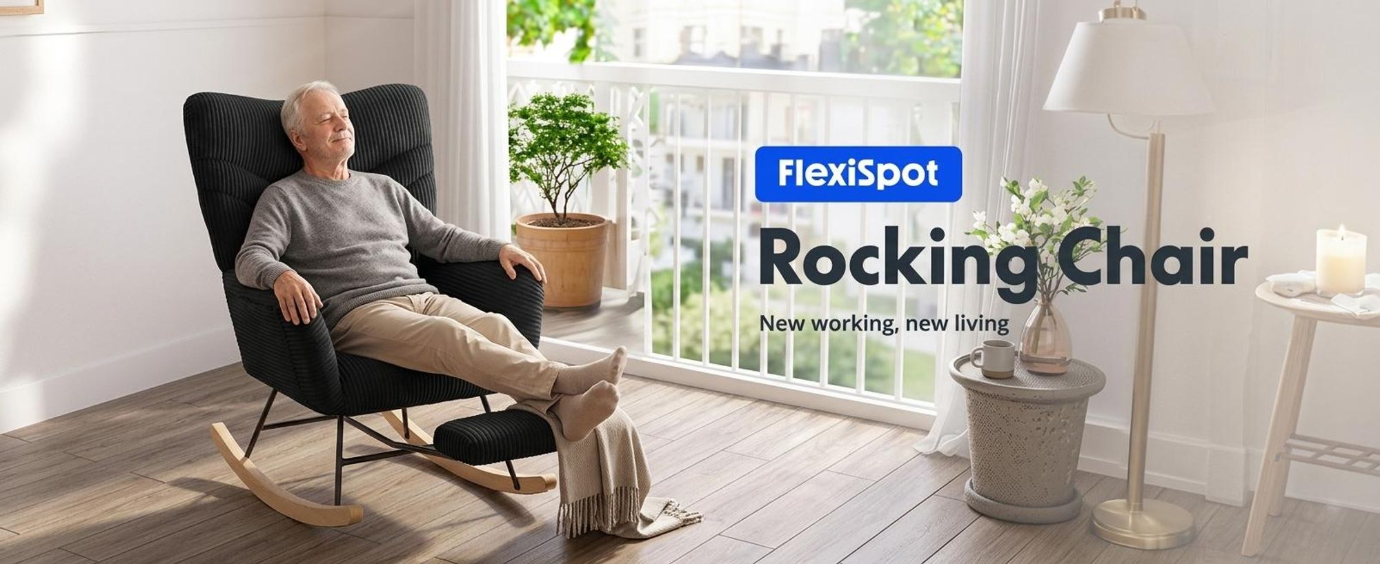 FLEXISPOT Schaukelstuhl Schaukelsessel hohe Rückenlehne & Armlehnen, Moderner Relaxsessel mit Holzkufen, gepolstert für Wohnzimmer, bis 120 kg Weiß