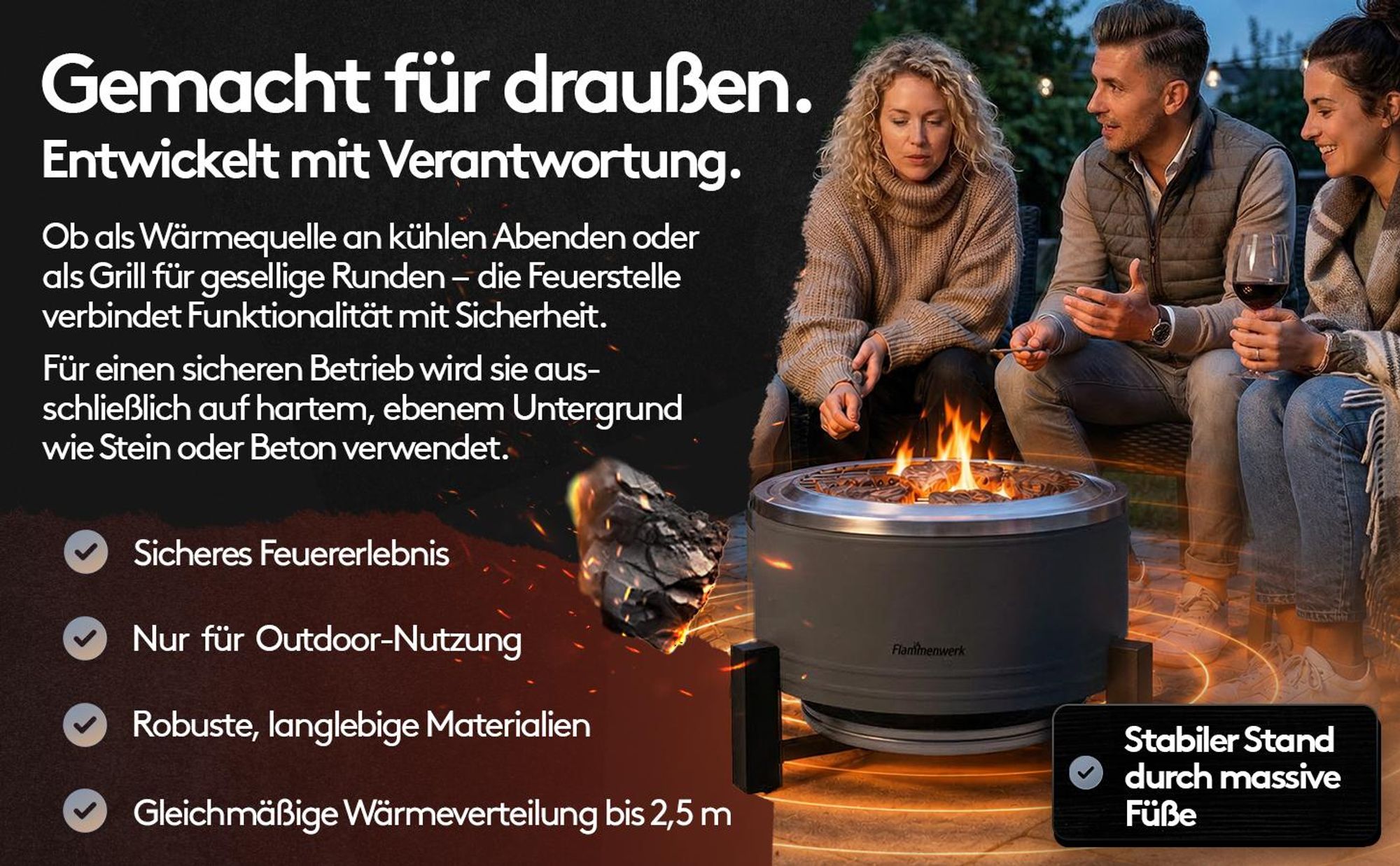 Flammenwerk 15 Zoll Smokeless Fire Pit Feuerstelle mit Sekundärverbrennung, Outdoor Feuerschale Ø 38,4 cm mit Grillrost, Standfuß und Schürhaken, raucharme Garten Feuerstelle aus Stahl für Terrasse Camping Garten