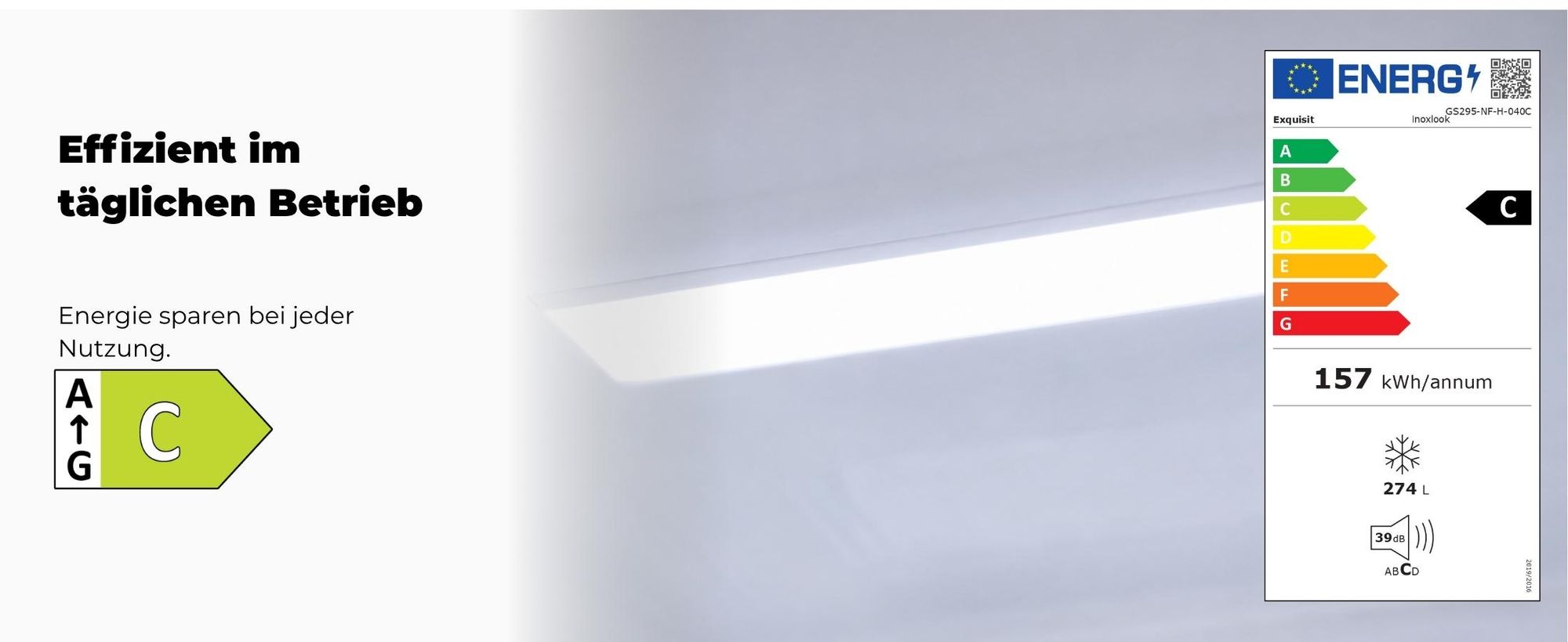 Gefrierschrank | GS5295-NF-H-040C inoxlook | 274 l | No Frost | elektronische Temperaturregelung | Energieklasse C | 39 dB | Inoxlook