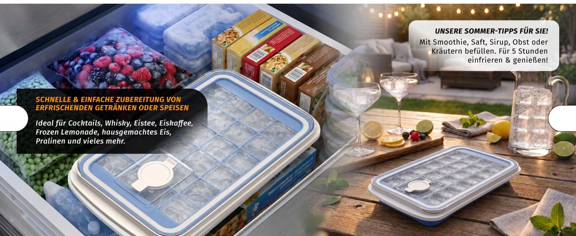Arendo Eiswürfelform Silikon mit Deckel und Einfüllöffnung, 230ml, 24 Eiswürfel, spülmaschinengeeignet, stapelbar, quadratisch, leichtes Herauslösen, BPA-frei