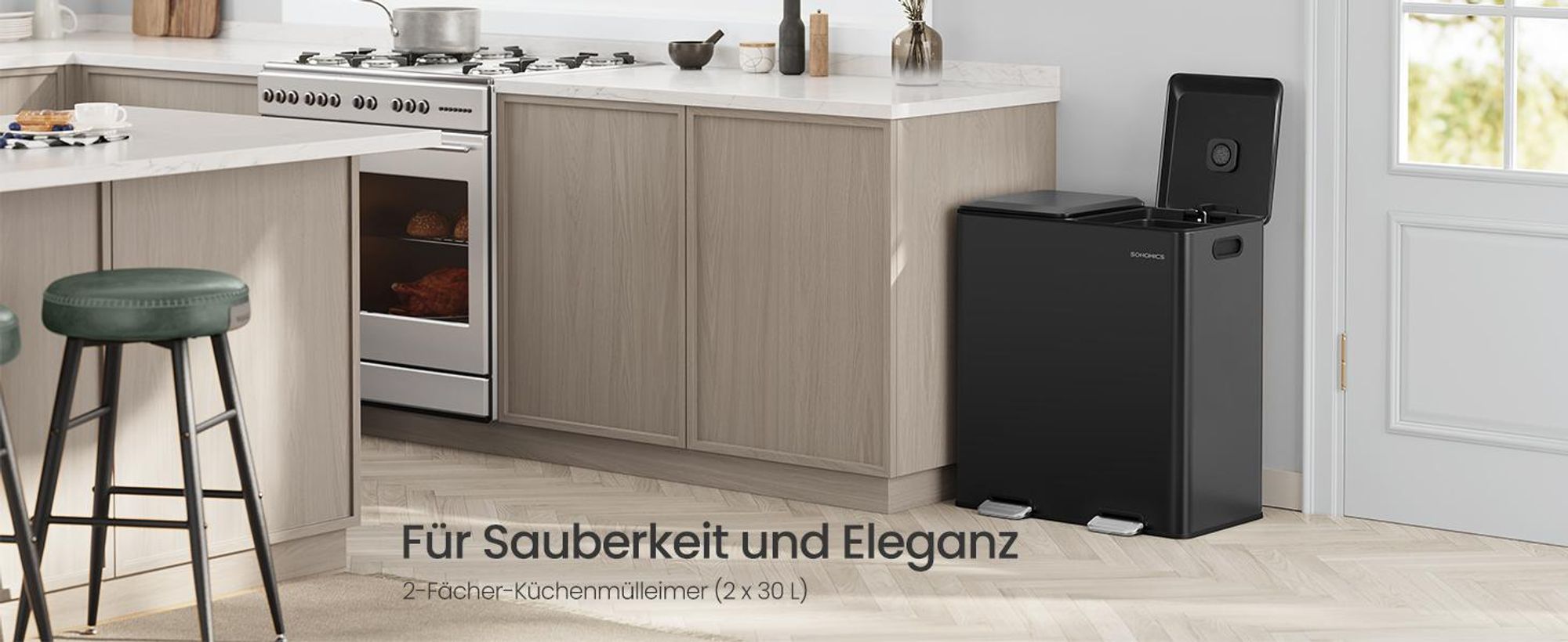 Mülleimer Küche, 2 x 30 L, 2 Fächer, Mülltrennsystem, Softclose, herausnehmbare Inneneimer, Pedalen, Stahl, schwarz